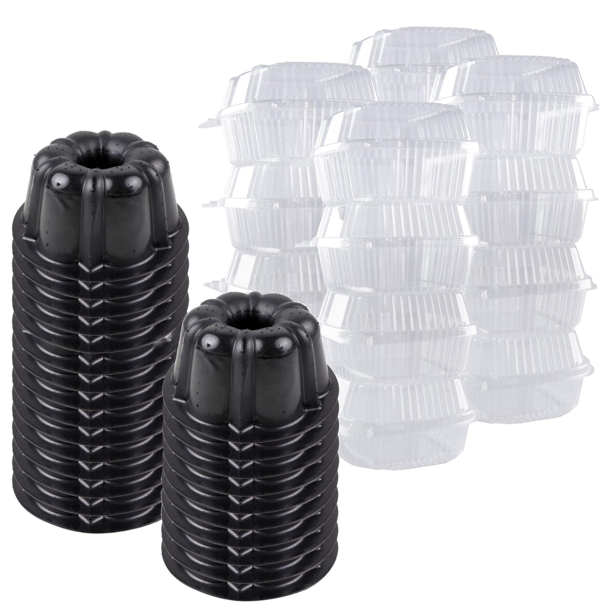 OâCreme Bakeable Plastic Mini Cake Pan with Container - Baking Pan With Non-Stick Silicone - Reusable Mold For Baking and Much More - and Clear Snap-Closure Container - 50 Cake Pans + 50 Containers