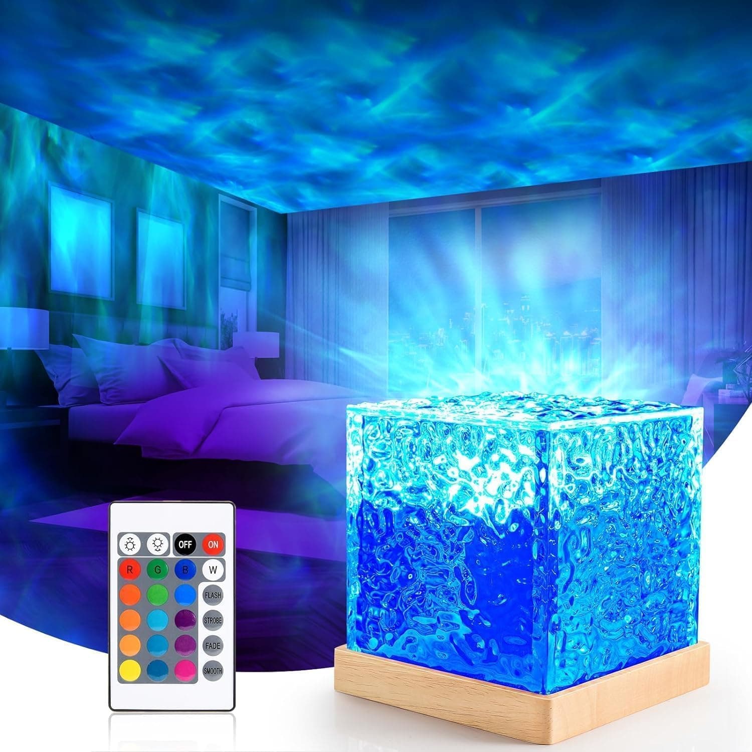 SHOPOGENIX Projector Lights Ocean Wave, 3D Water Effect LED Night Light, Crystal Table Lamp With Remote 16 in 1 Dynamic Ocean Projector
