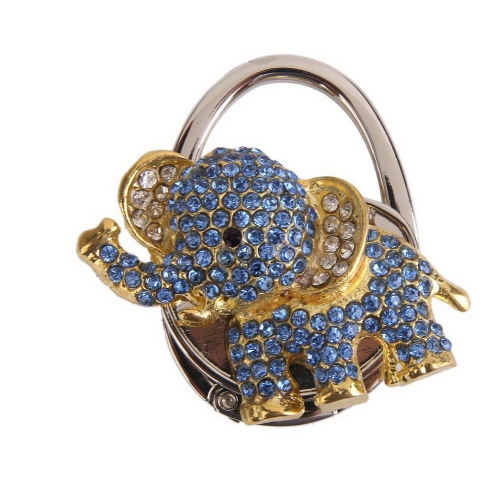 Rhinestone Elephant Shape Foldable Handbag Table Hook Purse Hanger Blue