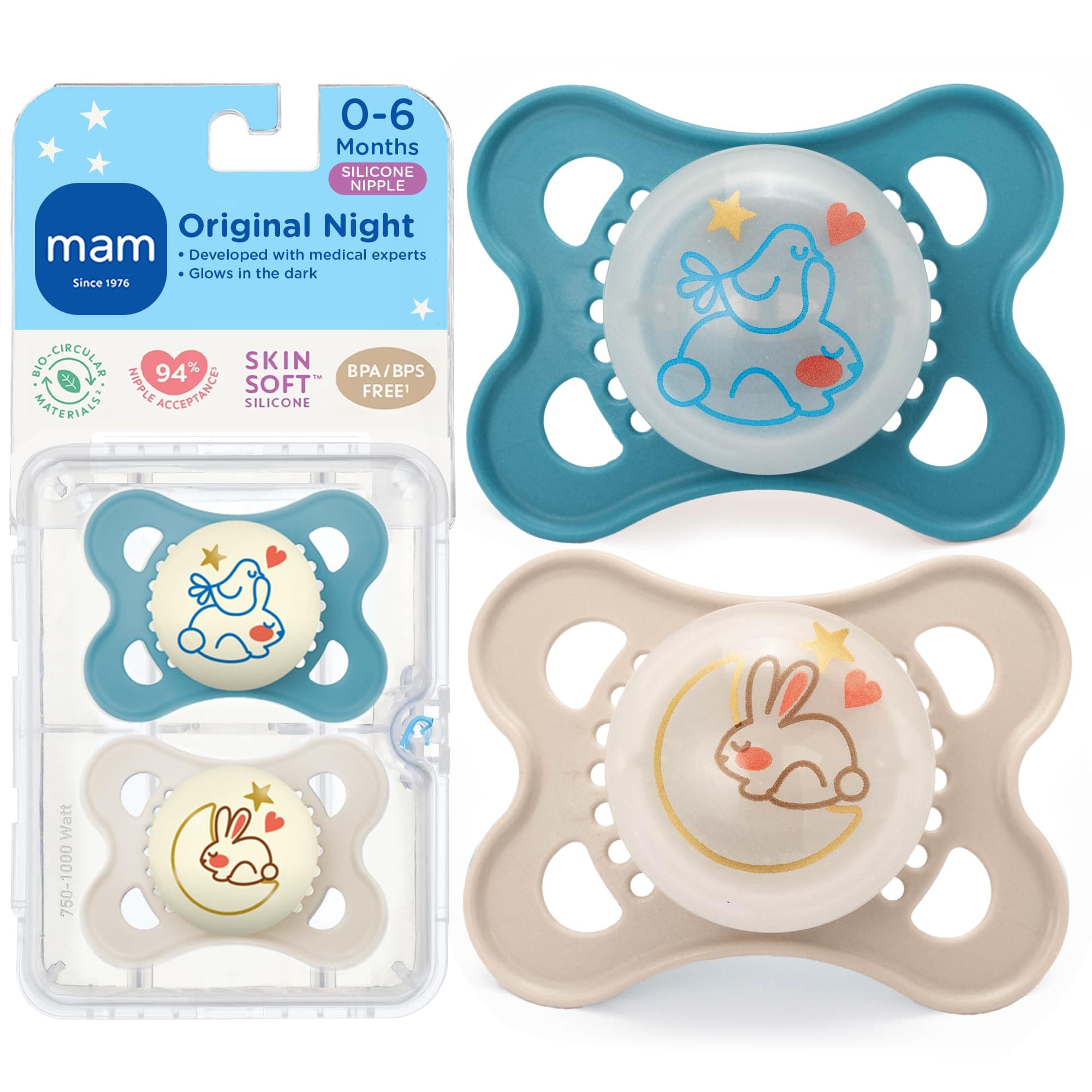 MAM Original Night Pacifiers, Binky Pacifier for 0-6 Months, BPA-Free Silicone, Glows in The Dark, Best for Newborn Babies, Developed with Medical Experts, 2 Count Binkies, with Sterilizer Case