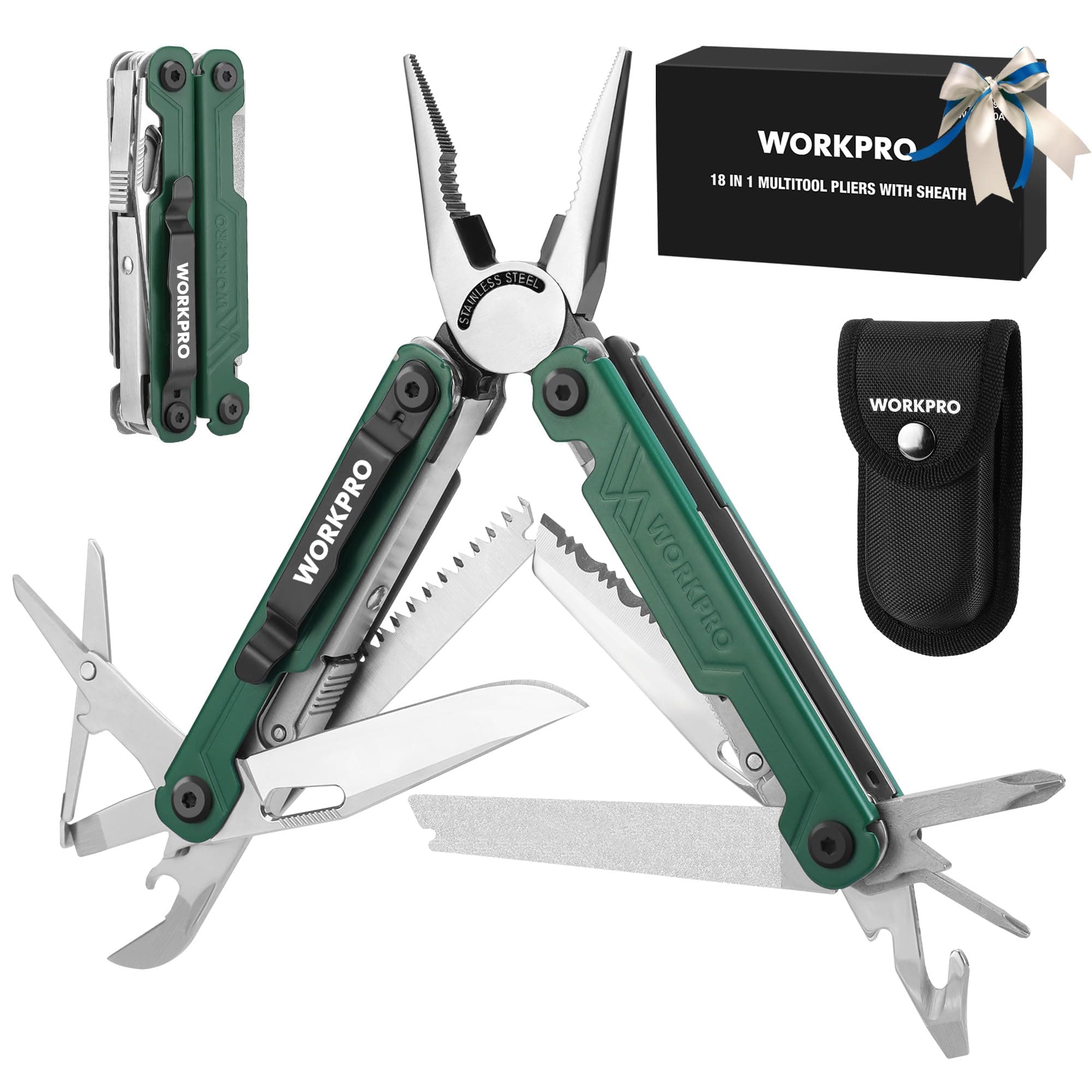 18-in-1 Multi Tool Pliers, Gifts for Men, Stainless Steel EDC Multitool with Pocket Knife, 2 Safety Locks, Belt Clip and Oxford Pouch, Utility Multiuse Tool for Camping