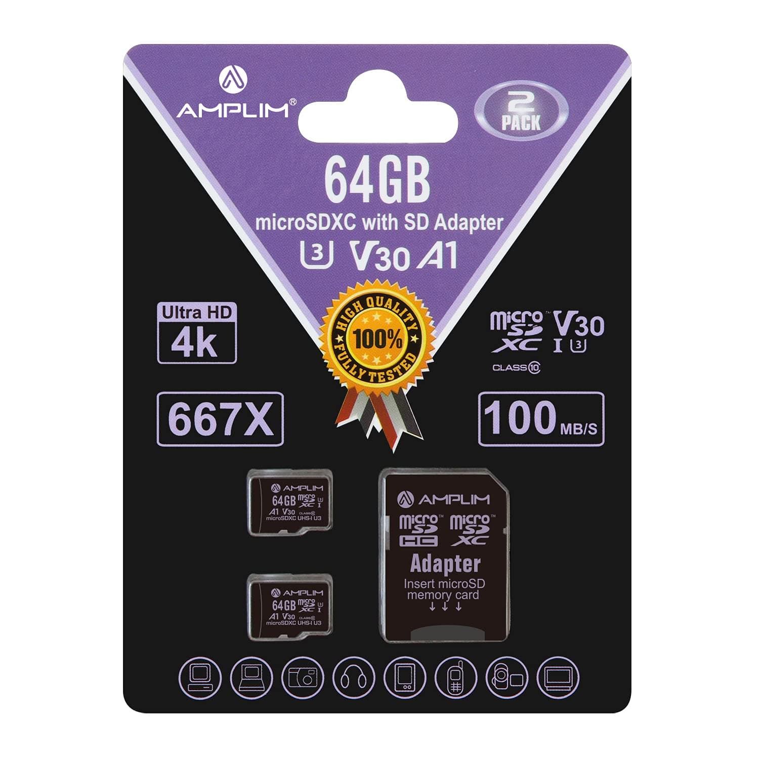 Amplim 64GB Micro SD Card, 2 Pack Extreme High Speed MicroSD Memory Plus Adapter, MicroSDXC U3 Class 10 V30 UHS-I Nintendo-Switch, Go Pro Hero, Surface, Phone Galaxy, Camera Security Cam, Tablet, PC