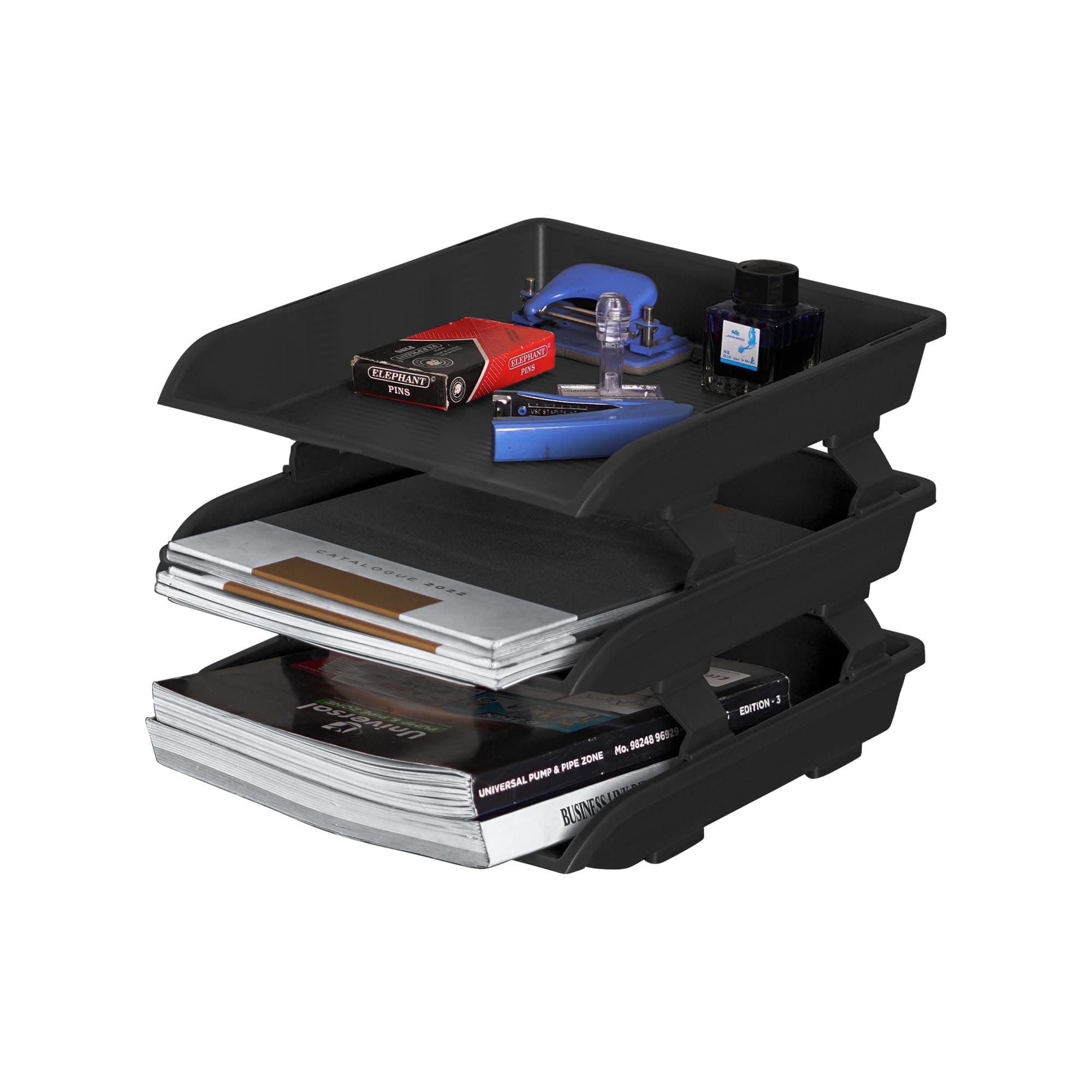 Primelife File Tray Rack ABS Plastics | Foldable Office Desk Accessories | Durable & Sturdy | Easy Assembly | Efficient Organizer | Plastic Office Stationery Files Layer Rack -3LAYER(Black)