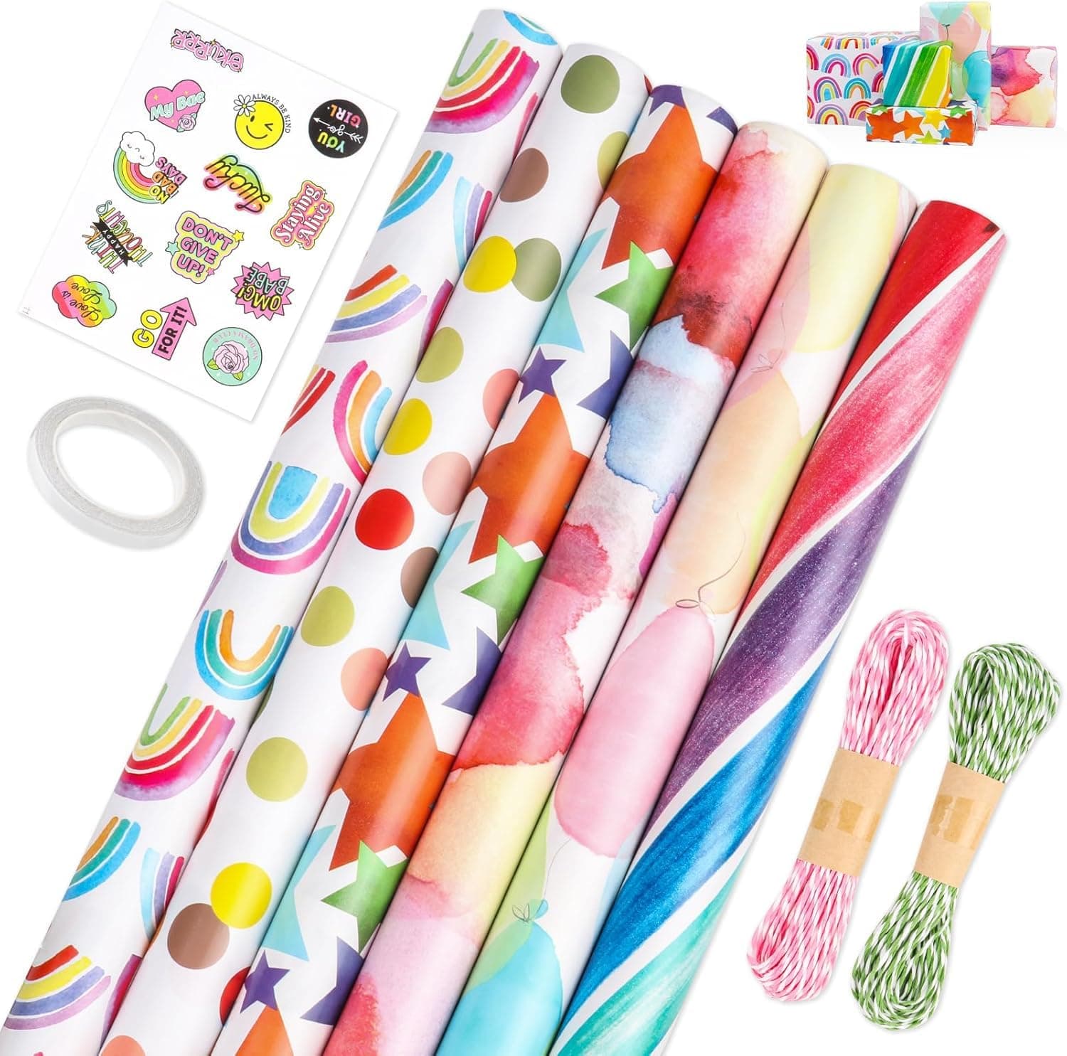 Premify 6 Gift Wrapping Paper Sheets Set with Hemp String, Stickers & Tape – Perfect For Birthdays, Weddings, Graduations, Eid – For Boys, Girls, Kids, Babies, Men & Women