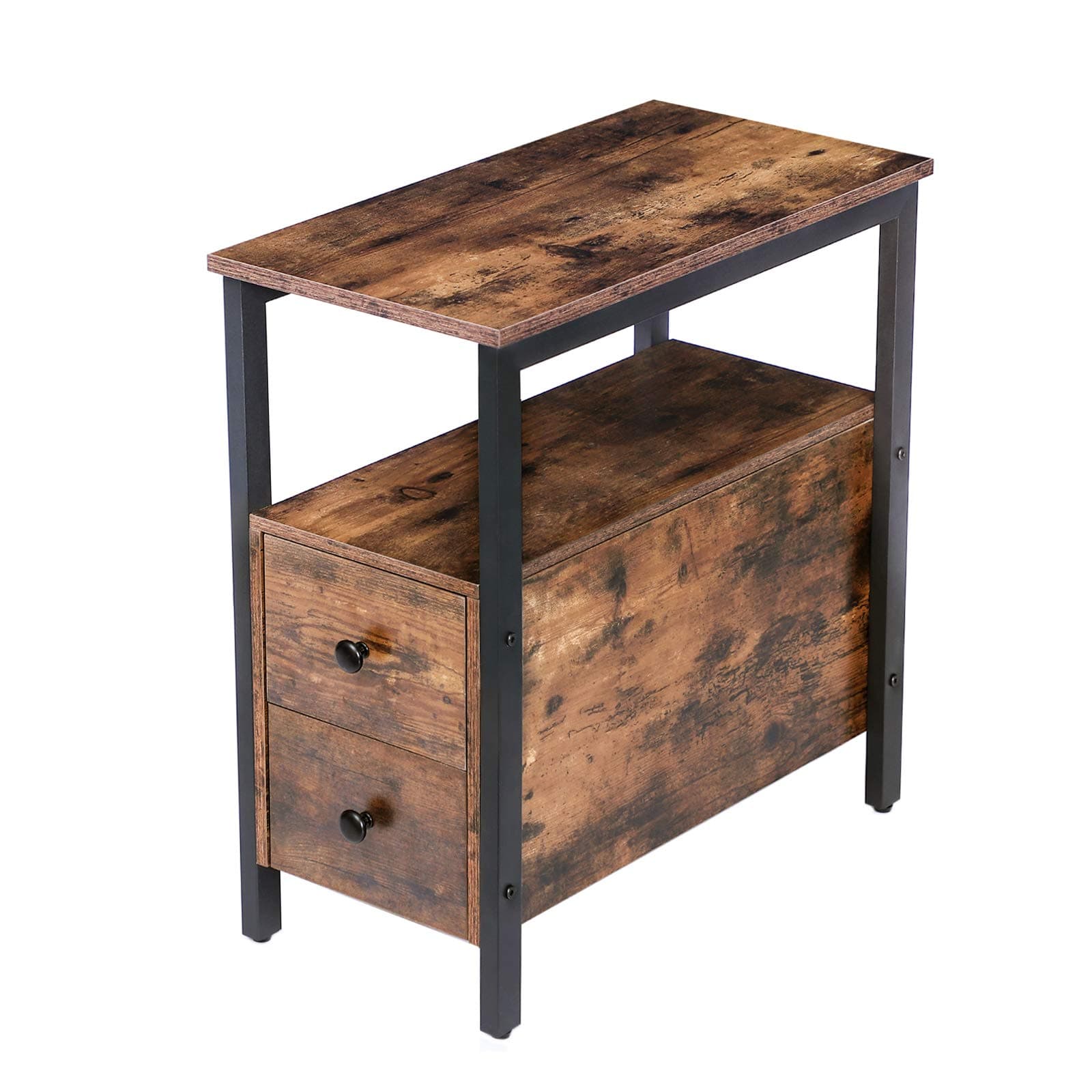 HOOBRO End Table, Chairside Table with 2 Drawer and Open Storage Shelf, Narrow Nightstand for Small Spaces, Stable and Sturdy Construction, Wood Look Accent Furniture, Industrial Style