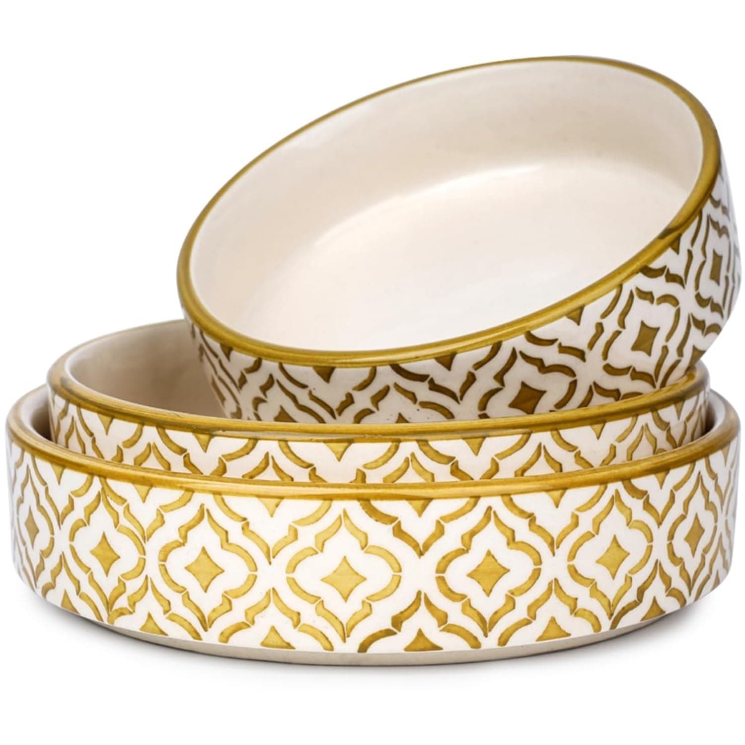 - SEPARATE WAY Ceramic Bowls | Flat Deep Serving Bowl Set of 3 – 800ml, 600ml, 500ml | Glossy Moroccan Golden Finish | Ideal for Pasta, Salad, Snacks & More | Multipurpose Serving Bowl Ceramic Set