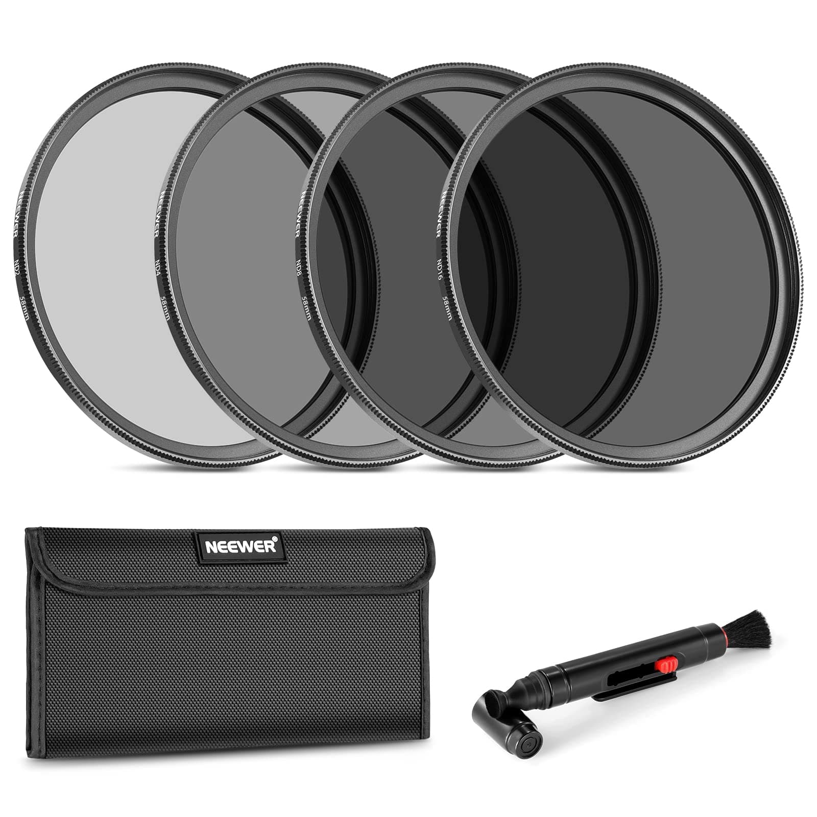 Fixed ND Filter Kit 58mm ND2 ND4 ND8 ND16 Neutral Density Filter and Accessory Kit, Lens Pen, Filter Pouch Included