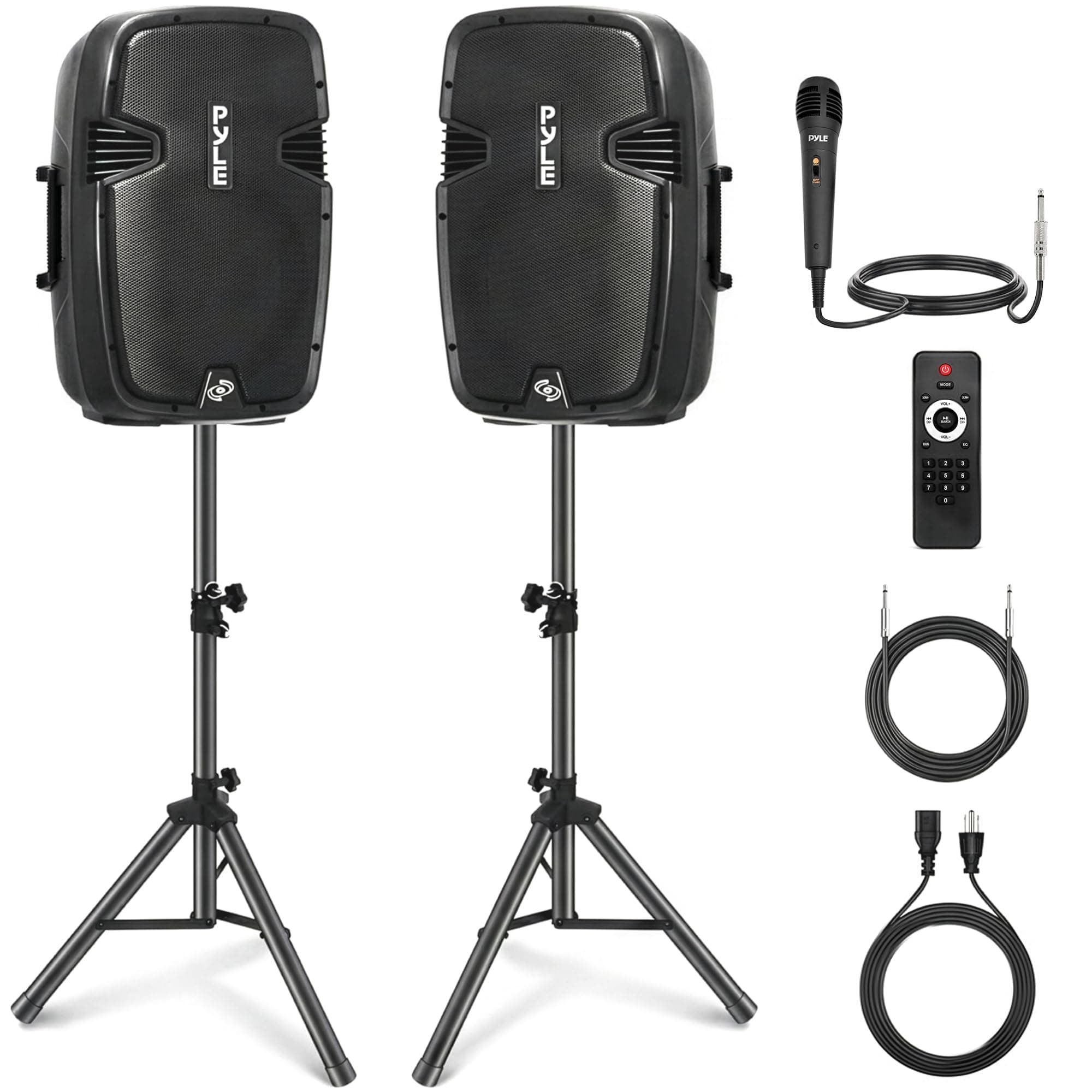Wireless Portable PA Speaker System - 1800W High Powered Bluetooth Compatible Active + Passive Pair Outdoor Sound Speakers w/ USB SD MP3 AUX - 35mm Mount, 2 Stand, Microphone, Remote - Pyle PPHP1249KT