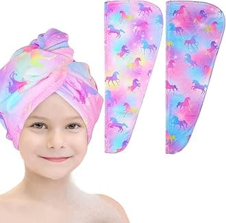 Basumee Microfiber Hair Towel Wrap for Kids 2 Pack Rapid Drying Hair Towel with Button Hair Turbans for Wet Hair Wraps Head Towel Wrap for Women and Girls, Colorful Unicorn