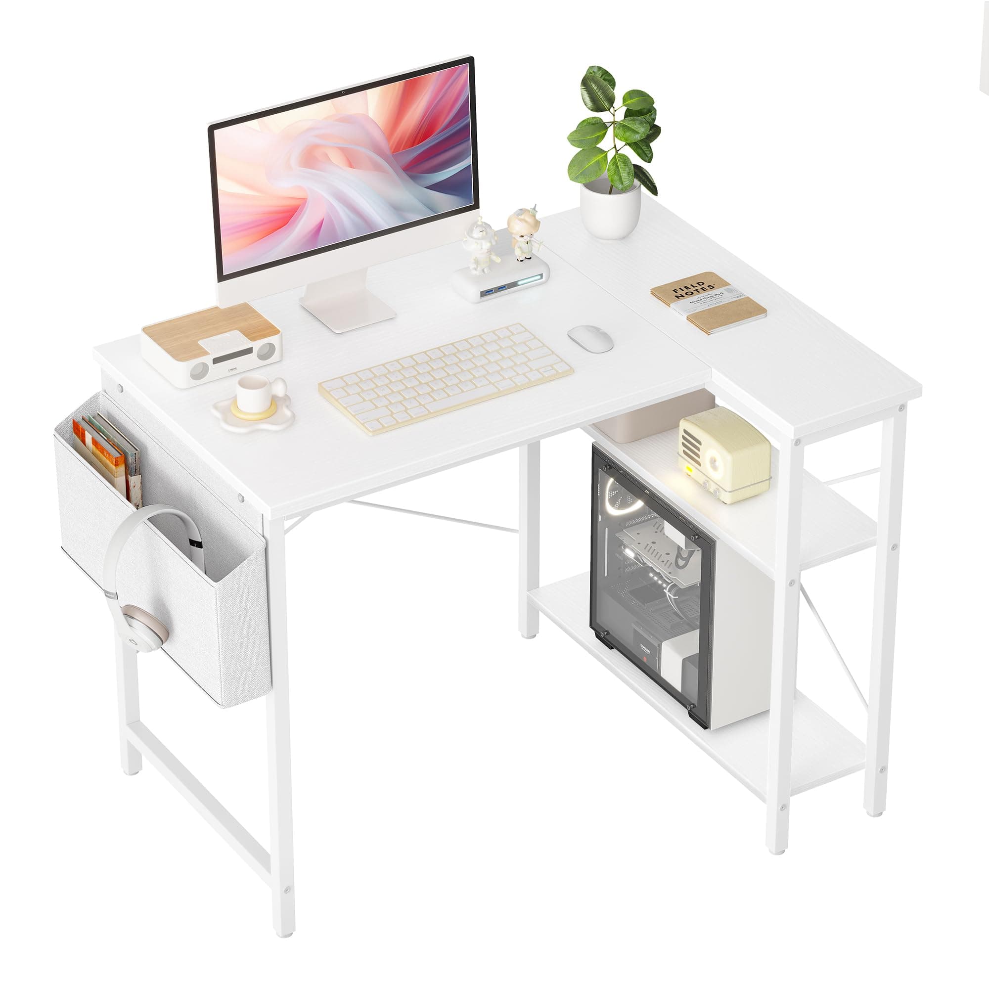 BEXEVUE L Shaped Corner Desk - 100x70 cm Study Office Gaming Desk, Computer Desk Small Writing Table, Large Reversible Storage Shelves, Bookshelf Workstation for Study Play Work Home Office, White