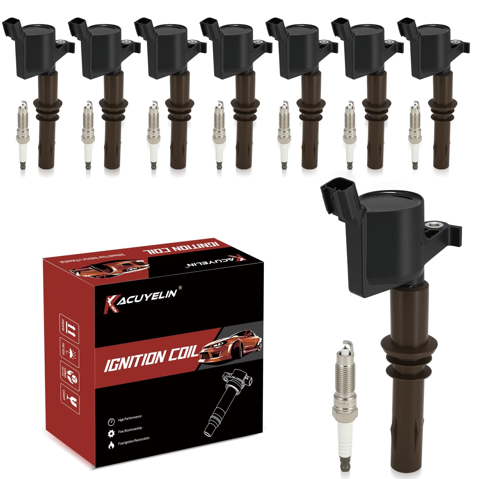 DG521 Ignition Coil Pack and Iridium-Platinum Spark Plugs Set of 8 Compatible with Ford Expedition Explorer F-150 F-250 F-350 Super Duty Mustang Lincoln Navigator Mercury Mountaineer 4.6L 5.4L V8