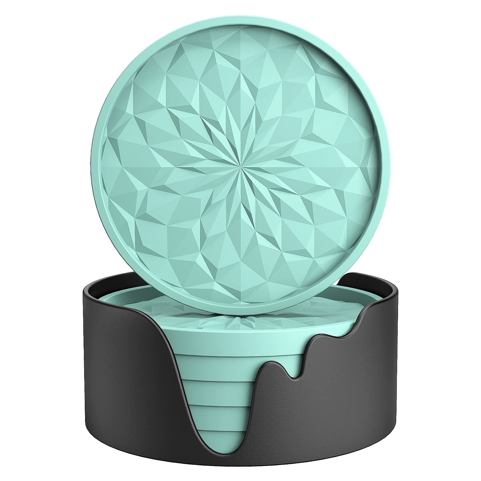 ME.FAN Silicone Coasters with Holder,[6 Pack] Drinking Coasters - Cup Mat for Hot or Cold Drinks, Thickened, Non-Slip, Non-stick,Deep Tray Mint Green