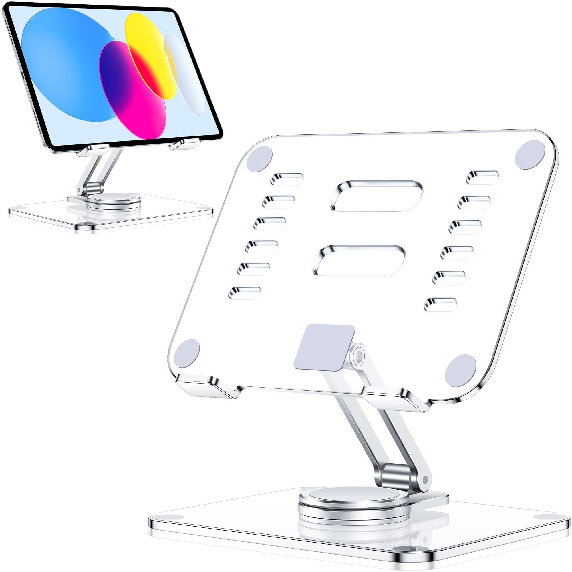 CreaDreamAcrylic Tablet Stand Holder with 360 Rotating Base, Foldable Adjustable Transparent Tablet Holder for Desk Home Office, Compatible with iPad Pro Air Mini and More, Clear