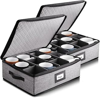 Coffee Mug Storage, 2 Pack Quilted and Stackable Coffee Cup Storage Organizer for Service of 12, Mug Storage Box with Dividers, Mug China Storage Containers Hard Shell for Moving and Seasonal Storage