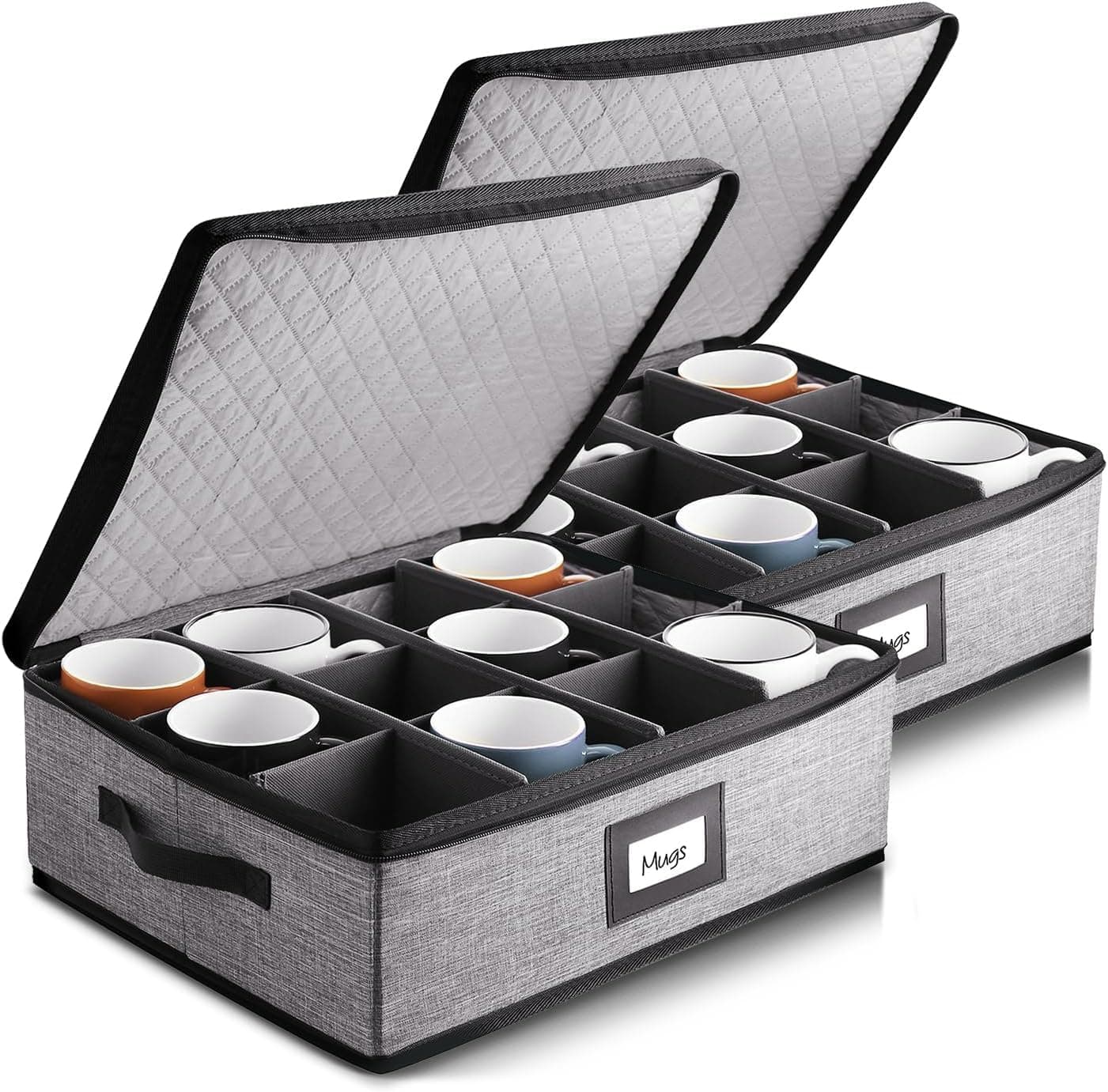 Coffee Mug Storage, 2 Pack Quilted and Stackable Coffee Cup Storage Organizer for Service of 12, Mug Storage Box with Dividers, Mug China Storage Containers Hard Shell for Moving and Seasonal Storage