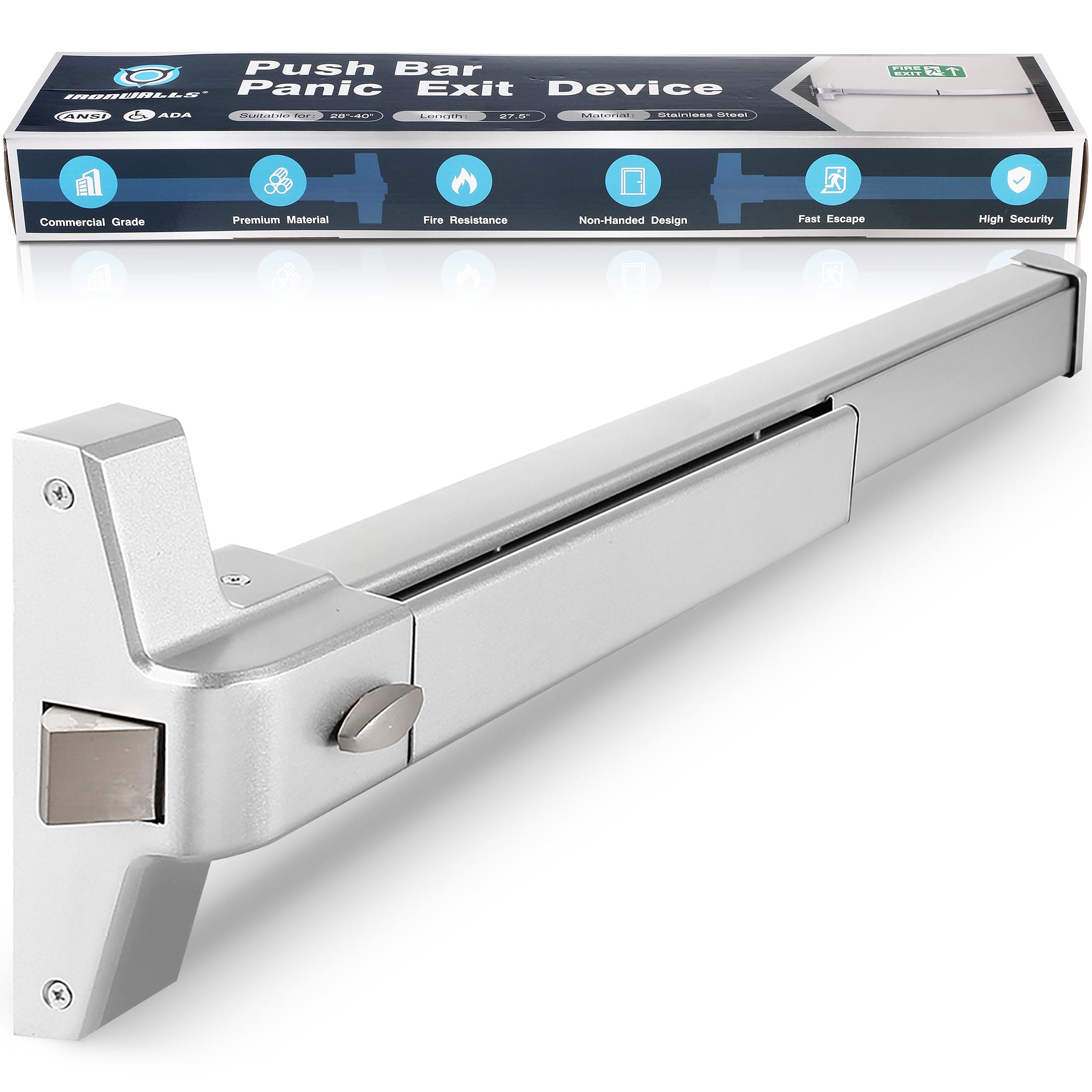 IRONWALLS Door Push Bar Emergency Panic Exit Device Door Hardware Stainless Steel Commercial for Wood Metal Door