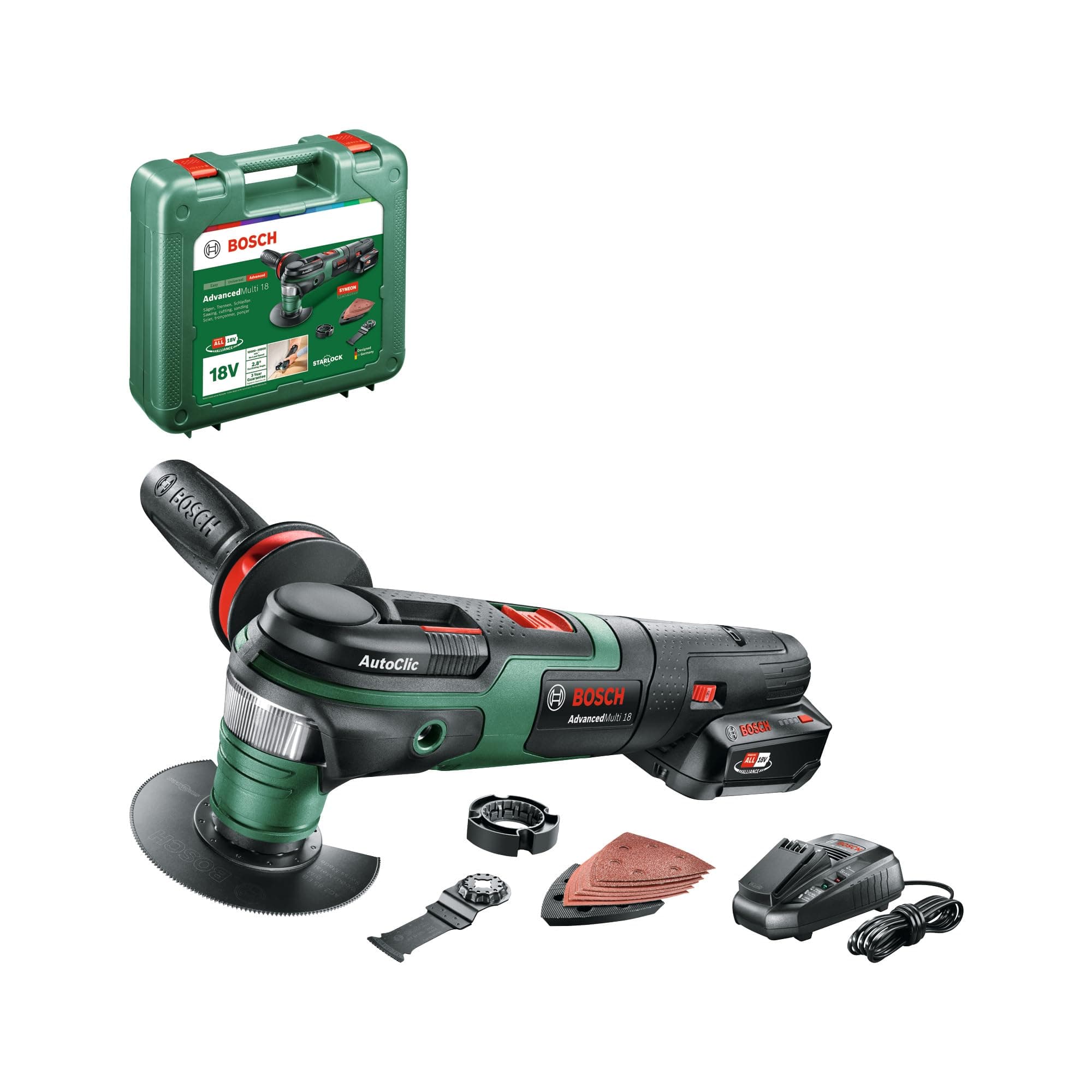 Bosch 603104071 AdvancedMulti 18 Cordless Multifunction Tool with 18 V Lithium-Ion Battery, Green
