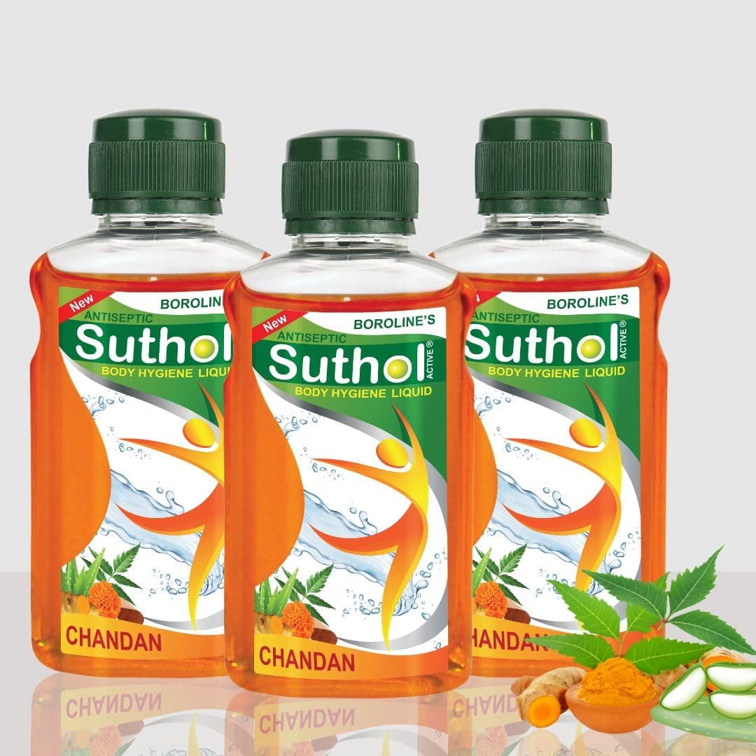 Suthol Active Chandan 200 ml X 3, Stops Skin Irritations, Prickly Heat, Itching, Rashes, With Neem, Turmeric, Marigold & Aloe vera (Pack of 3)