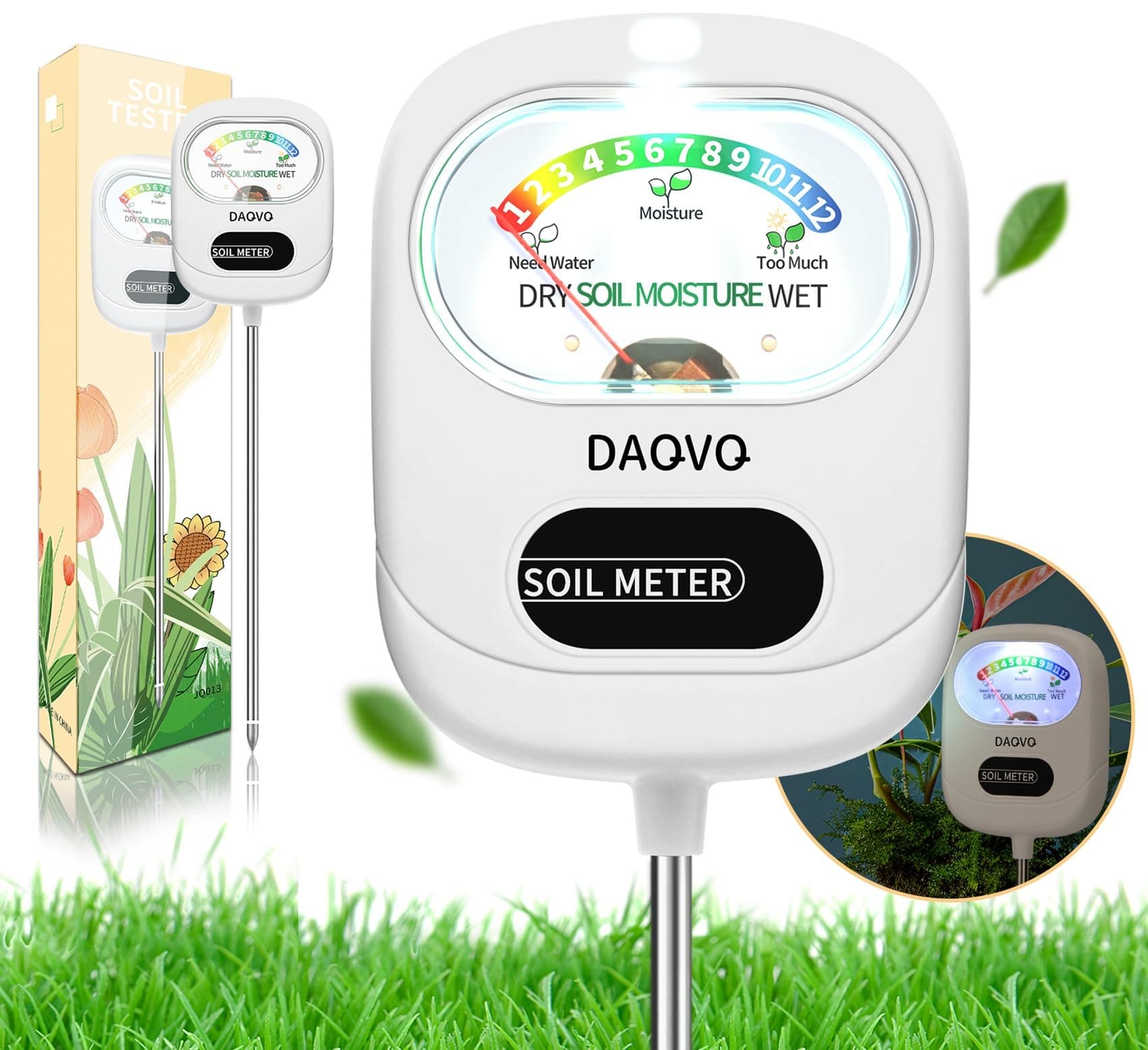 Soil Moisture Meter, Plants Moisture Meter Upgraded-Large Screen-Soil Hygrometer with Light- Plant Water Meter for Indoor and Outdoor Hous Plants, Garden, Farm, Lawn Soil Tester-White