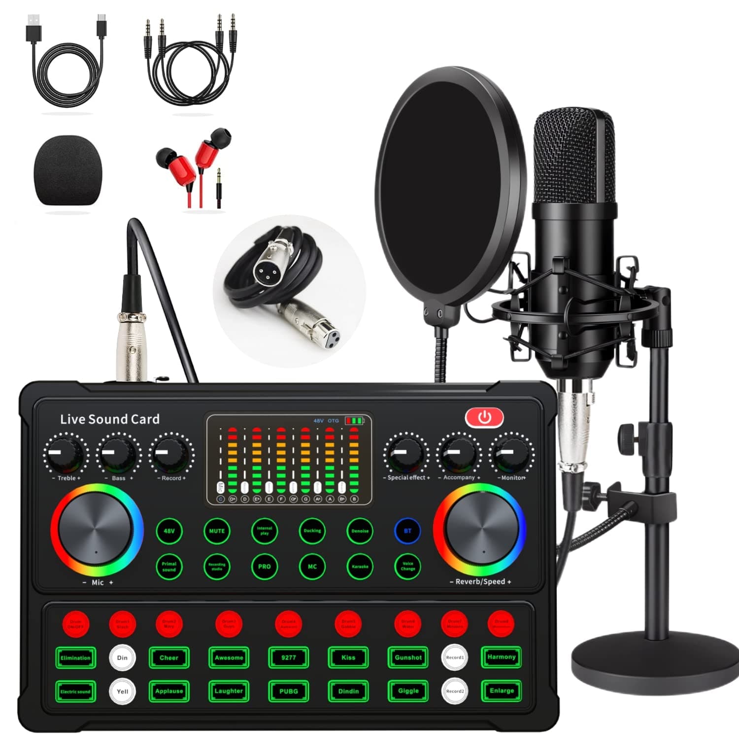 Podcast Equipment Bundle, 48V XLR Podcast Microphone Bundle, Voice Changer with Adjustable Microphone Stand, Studio Condenser Microphone for Smartphone PC DJ Recording