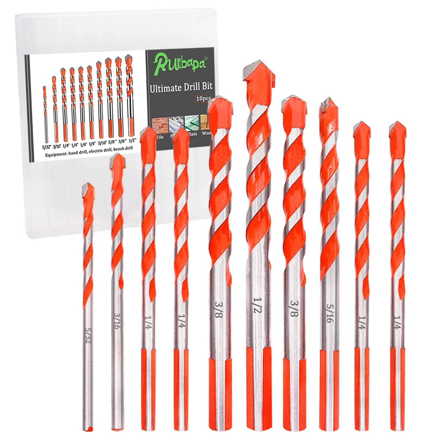 Ruibapa10pcs Orange Ultimate Drill Bit Multi-Function Twist Triangle Drill Bit Tungsten Carbide Drill Bit for Concrete, Glass, Wood and Plastic (5/32 ", 3/16 ", 1/4", 5/16 ", 3/8", 1/2 ") P-049