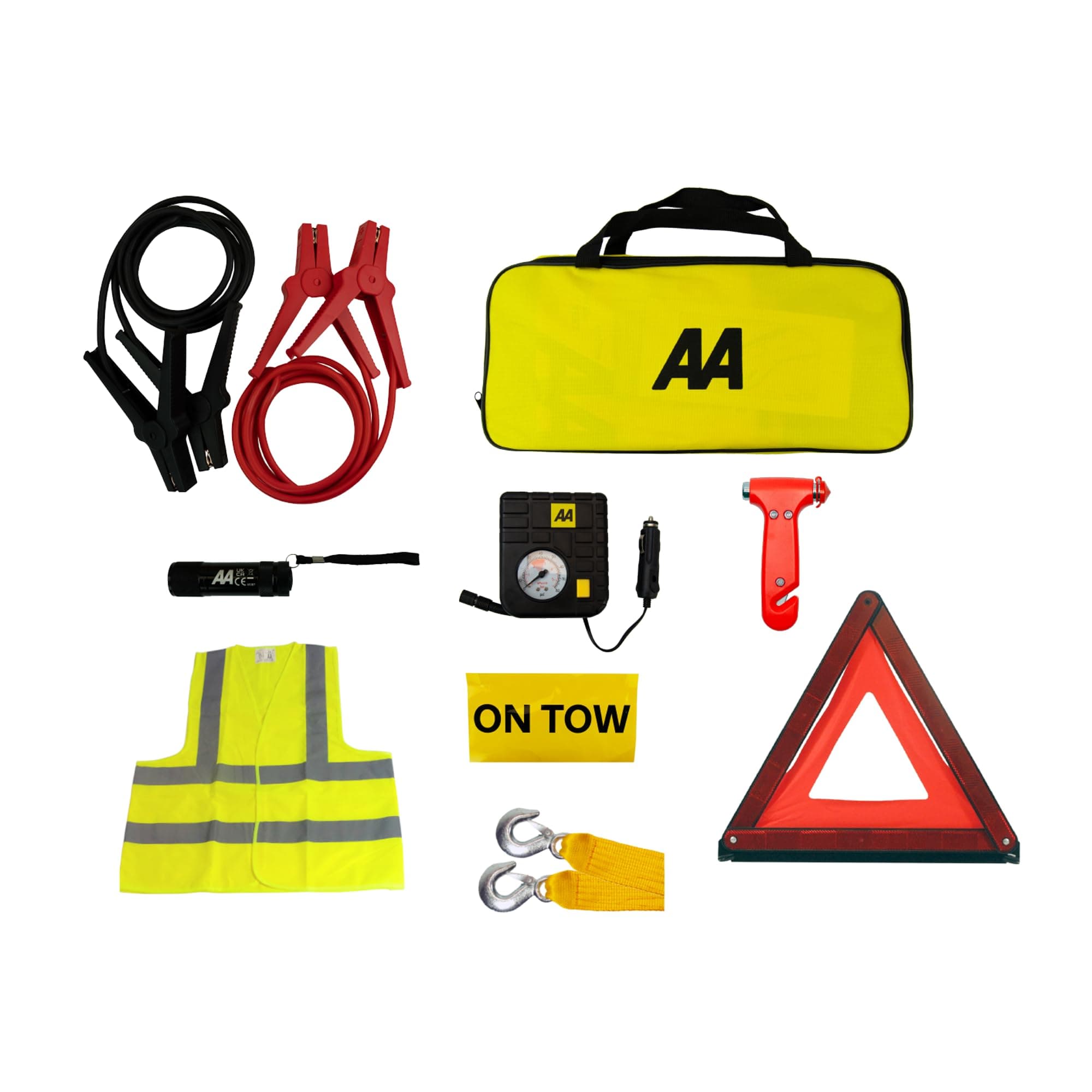 AA Vehicle Breakdown Safety Kit Plus AA5618 – Tyre Inflator, Warning Triangle, Tow Rope, Hi-Vis Vest, Torch, Glass Hammer, Booster Cables, Storage Bag