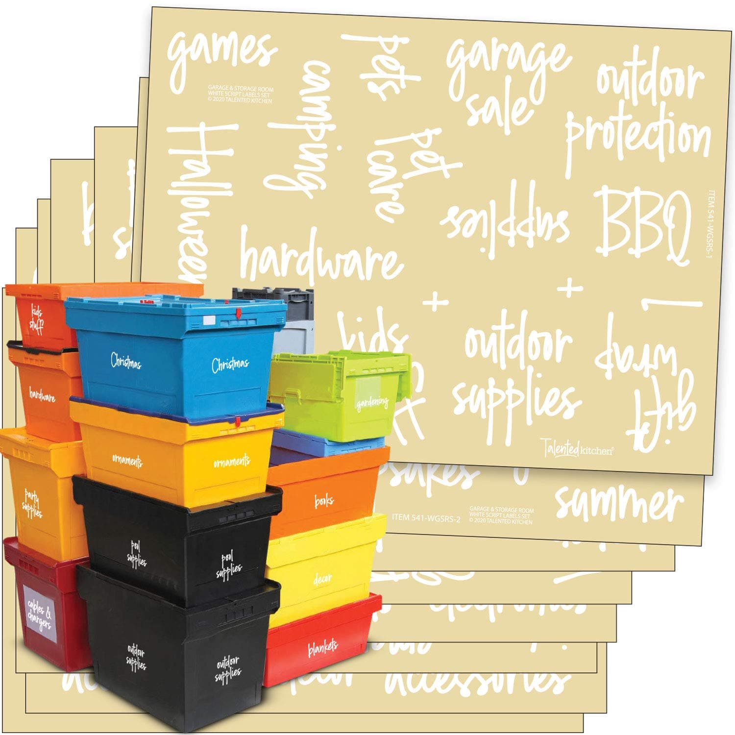 Talented Kitchen136 Storage Room & Garage Organization Labels. White Script Preprinted Labels. Water Resistant Black on Clear Stickers. Organization System Labels for Bins & Boxes Holiday & Essential