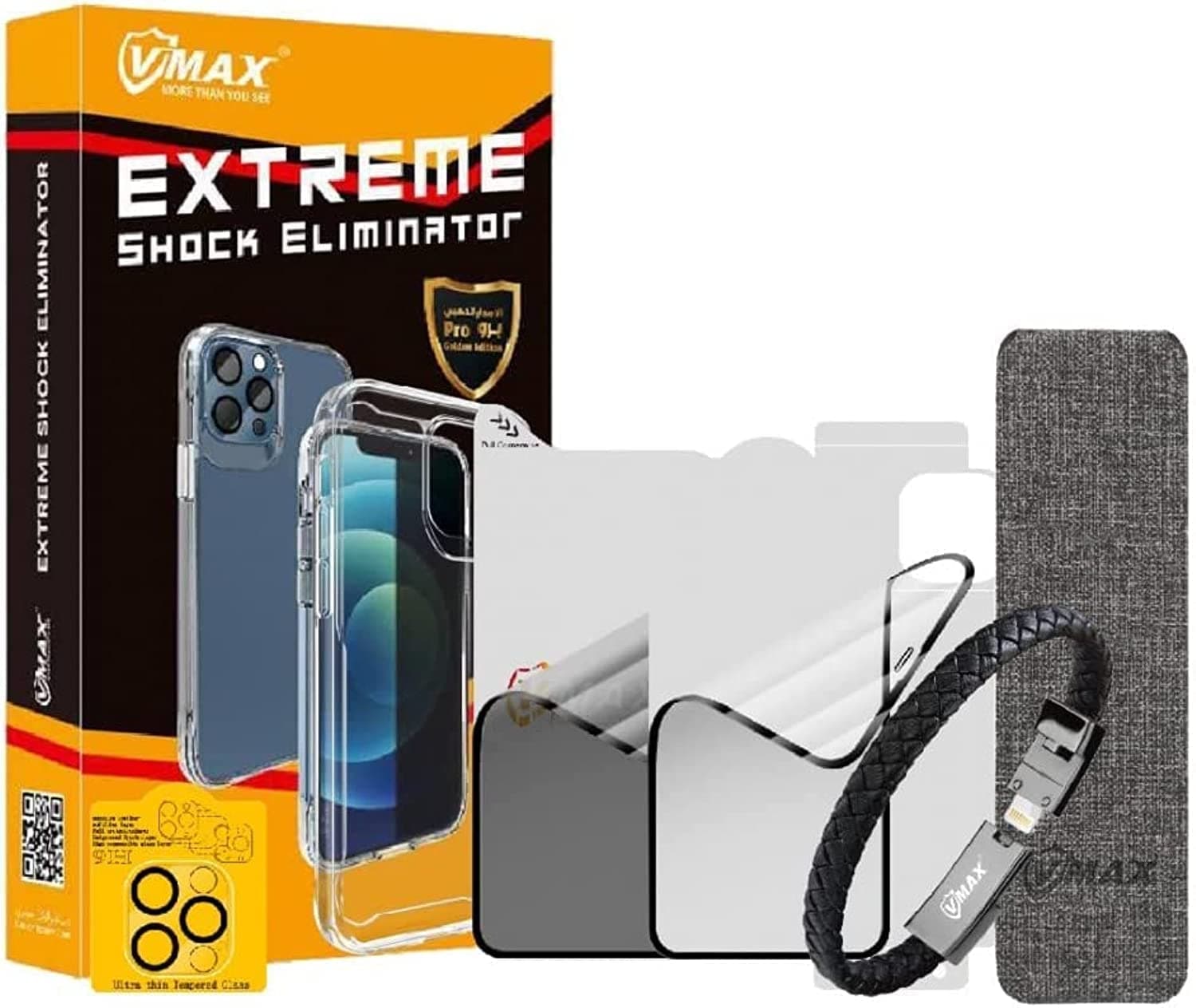 VMAX Extreme Shock Eliminator iPhone 12 Pro with Transparent clamp and back cover, Magnetic Phone back grip, Lens Protection for the camera, Leather Bracelet for mobile charging