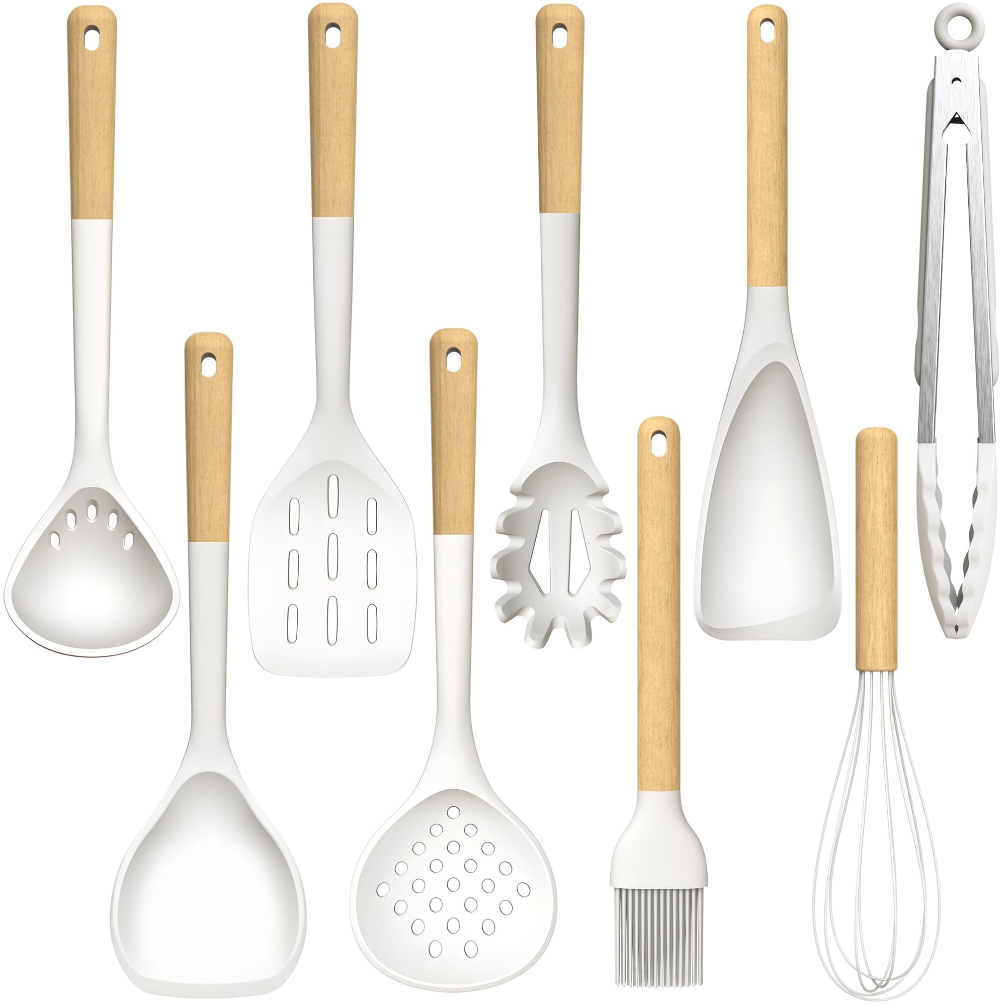 AVGPD Silicone Cooking Utensils - Kitchen Utensil Set,Slotted/Solid Spoon,Turner,Spatula,Pasta Server,Deep Soup Ladle,Wooden Handles Kitchen Gadgets Tools Set,Non-Stick Cookware Friendly (Khaki)