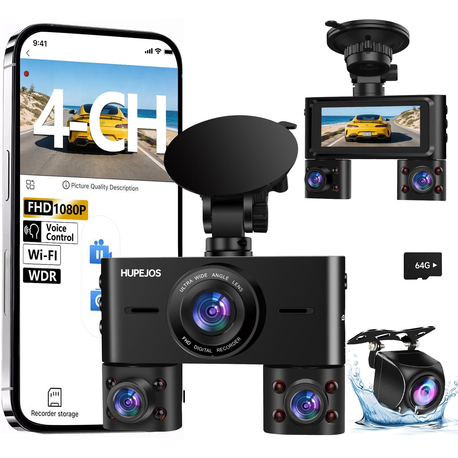 360° Dash Cam Front and Rear Inside, 4 Channel Dash Camera for Cars FHD 1080Px4, Built-in Wi-Fi, 3.16” IPS Screen, WDR Night Vision, Voice Control, Free 64GB Card, 24H Parking Mode