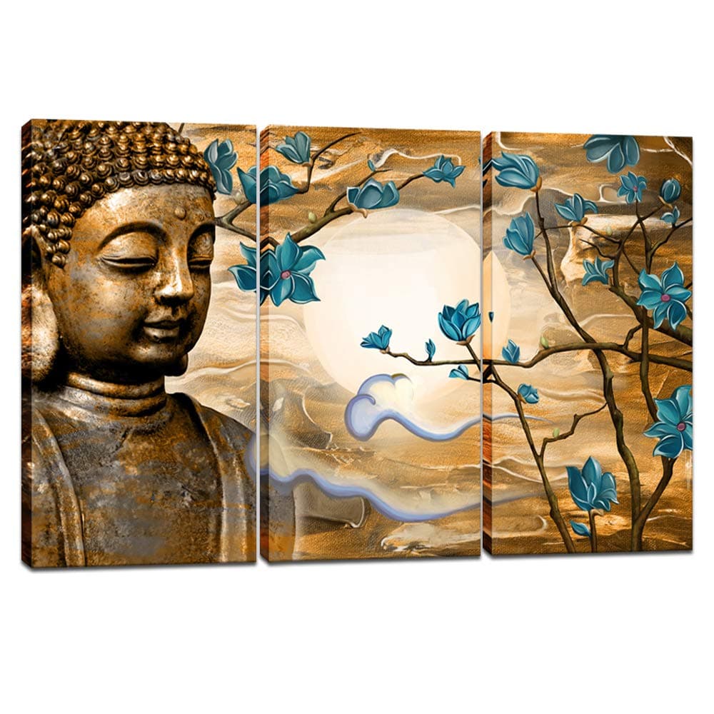 Visual Art Decor Antique Buddha Wall Art Buddha Statue with Abstract Blue Flowers in Fancy Moon Night Picture Prints Buddha Painting Ready to Hang(02 Buddha Retro)