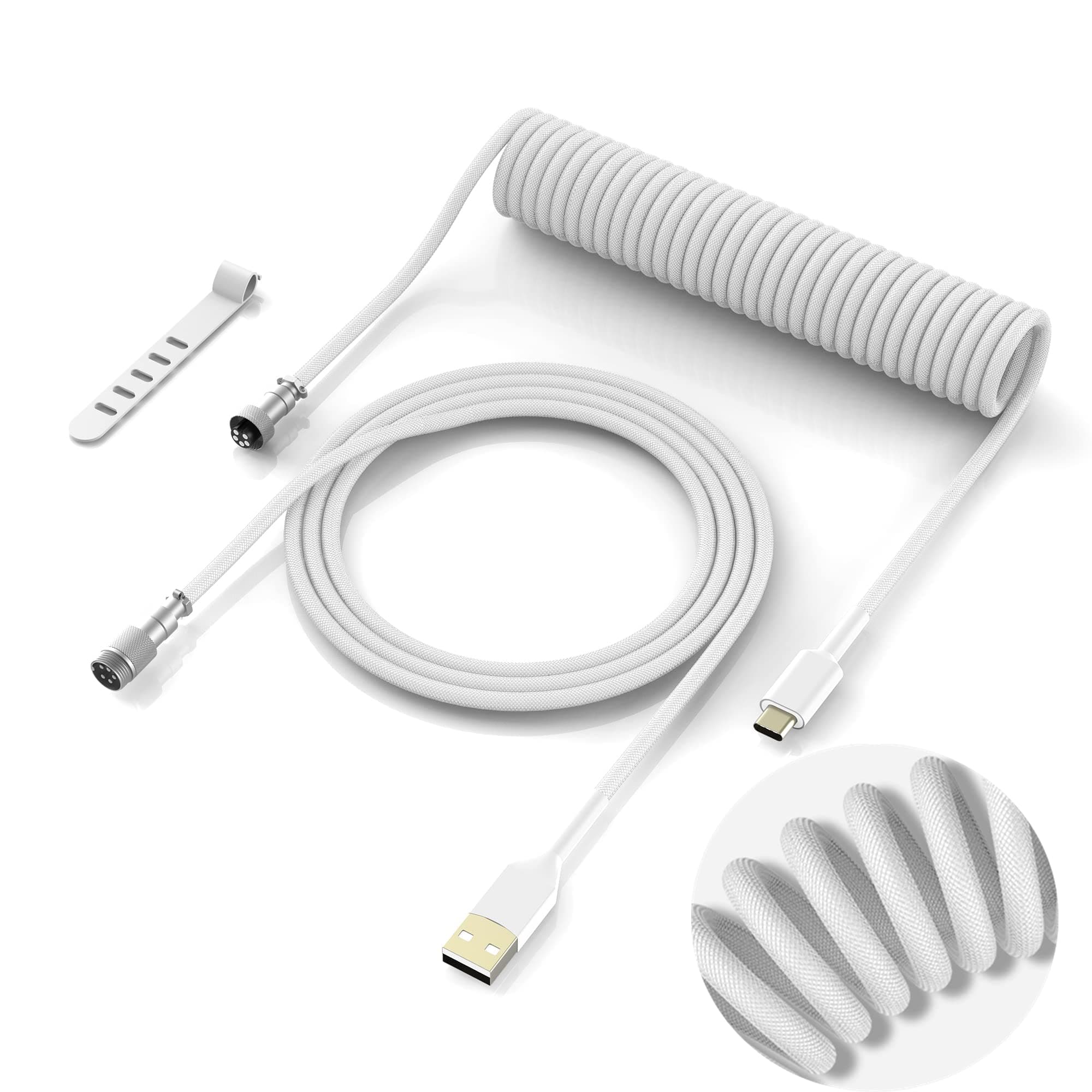 Womier Coiled Keyboard Cable - Detachable Aviator Coiled Cable for Mechanical Gaming Keyboard, Type C to USB A Mix 5.9in for Gaming Key Board and Cellphone, White