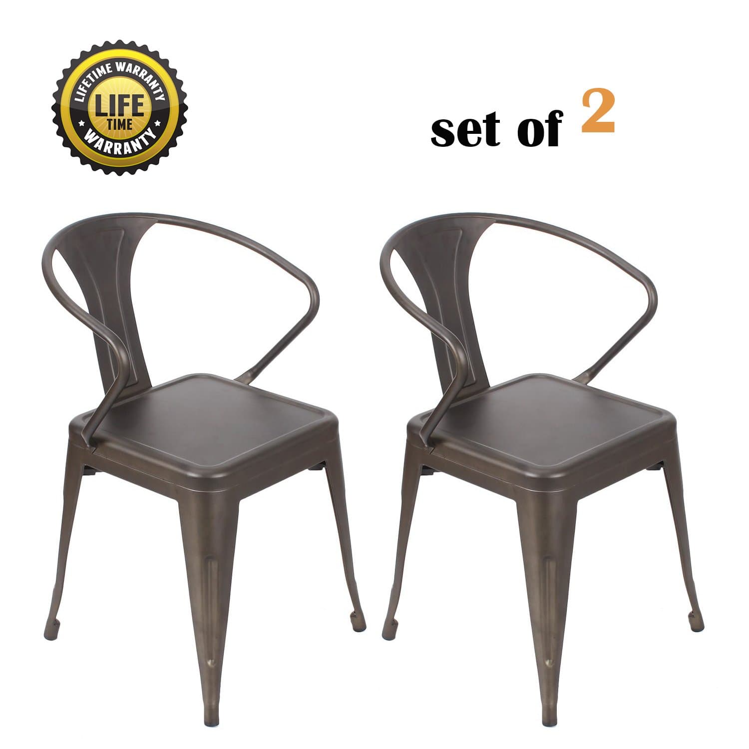 DecentHome Vintage Style Metal Stackable Cruve Armrest Tolix Style Dining Side Chairs, Set of 2