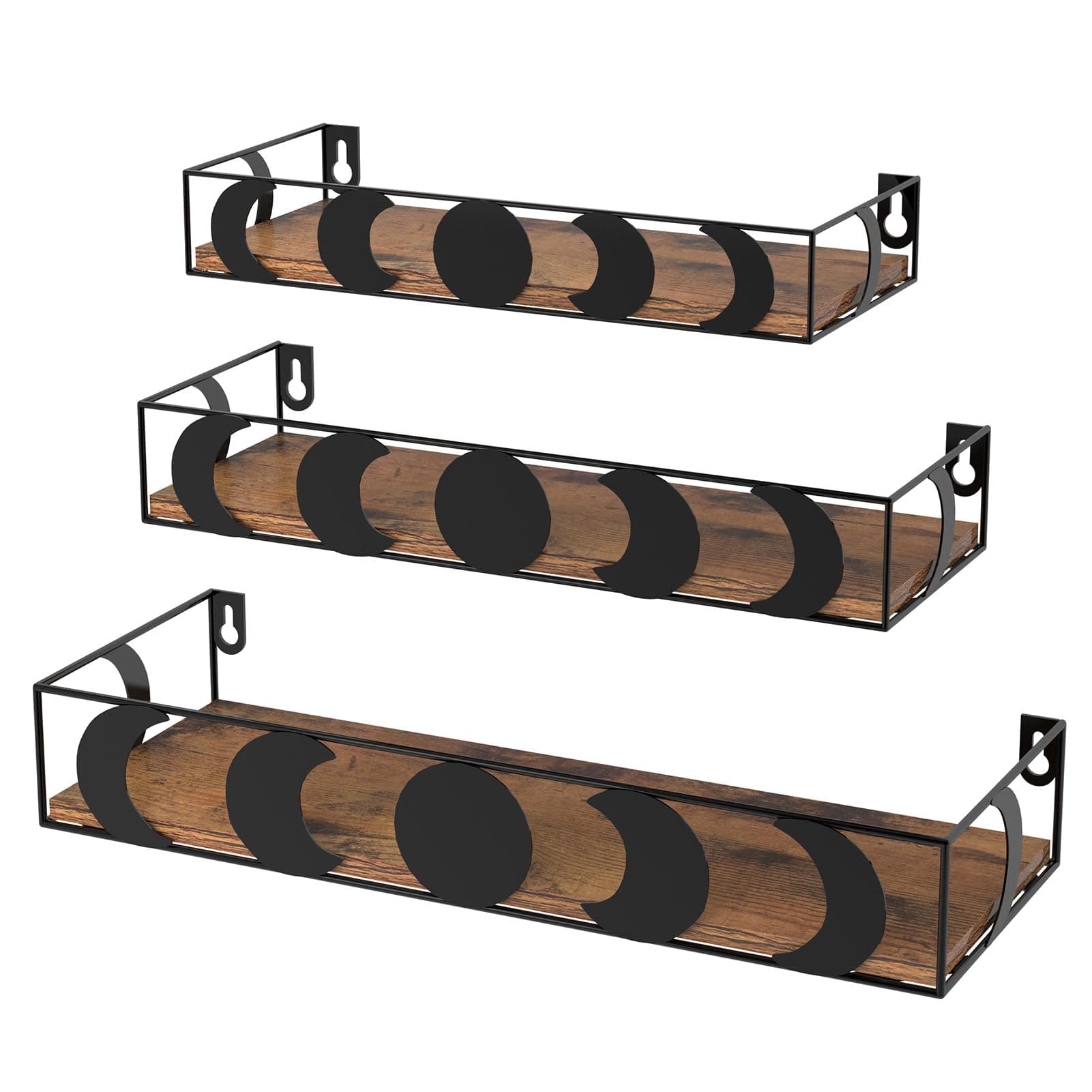 Moon Phase Wall Shelves Set of 3, Black Floating Shelves with Brown Board, Crystal Display Shelf for Witchy Wall Decor