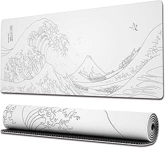 Ovenbird Gaming Mouse Pad with Stitched Edges, Japanese Sea Wave Large Mouse Pad, Extended XL Anime Mousepad Gaming with Anti-Slip Base, Cool Black and White Mouse Pad for Desk, 31.5 x 11.8 in, White