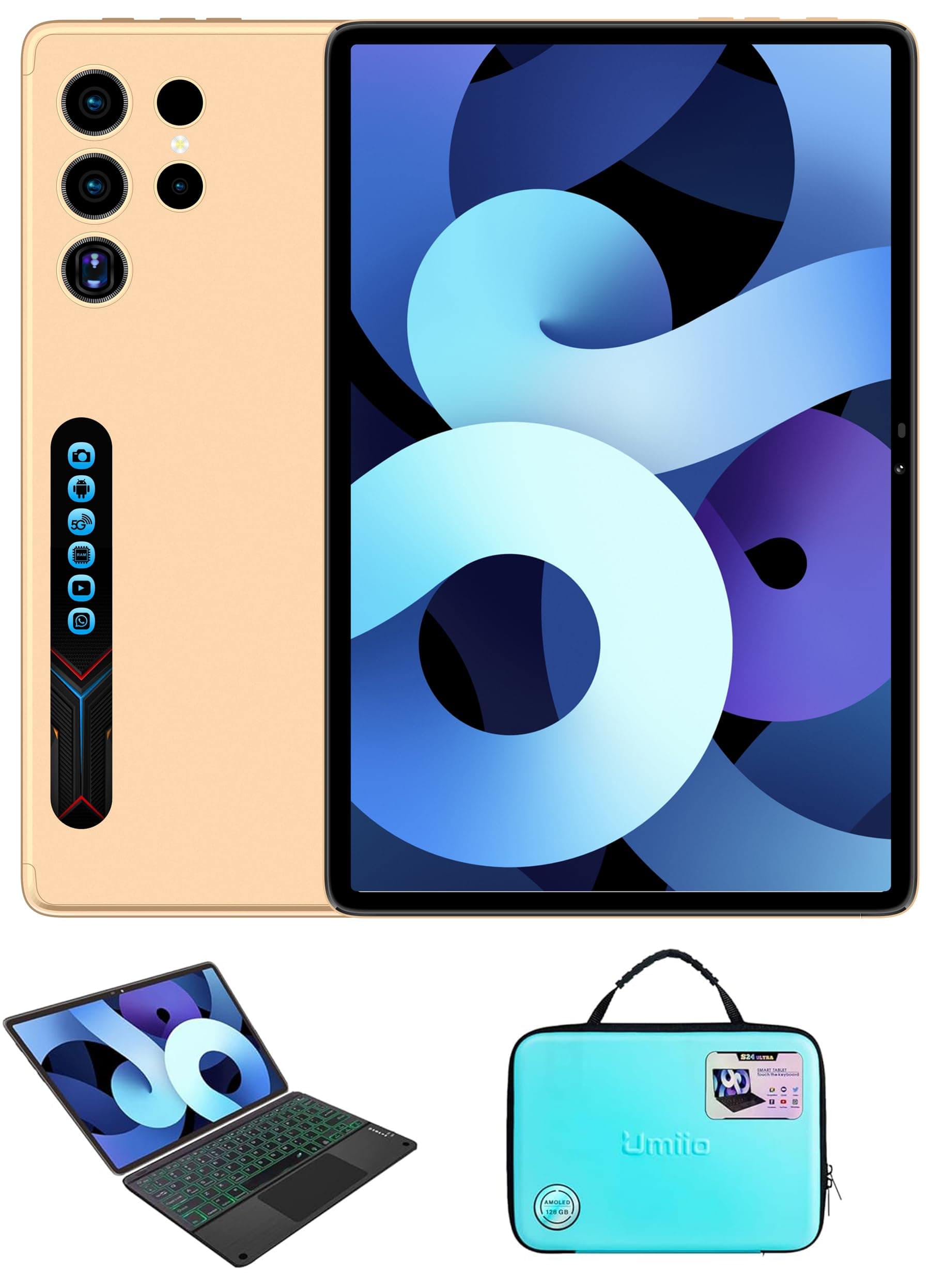 Smart Tablet S24 Ultra Tablet with Keyboard/Case and EWB Handbag, 10.1-inch HD Display, 12GB RAM 512GB ROM, Dual Camera, SIM 5G Network Android WiFi GPS Slim Tab (Gold)