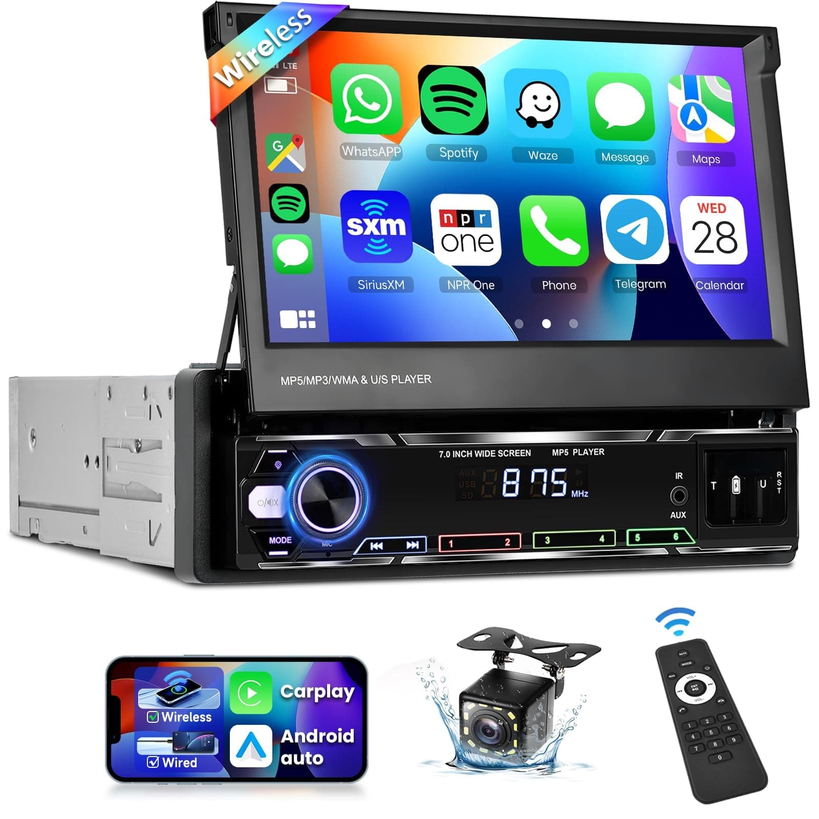 podofo [Upgrade Wireless] Single Din Radio with Wireless Carplay Android Auto, 7" Flip Out Touchscreen Car Stereo with Bluetooth Mirror Link AM/FM USB Car Play Car Audio Receiver+HD Backup Camera