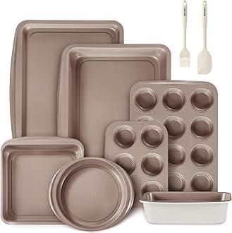 CAROTE 9-Piece Nonstick Stackable Baking Pans Set - Bakeware Sets Including Cookie Sheets, Muffin Pan, Bread Pan, Cake Pan, Loaf Pan, Roasting Pan, Taupe & White