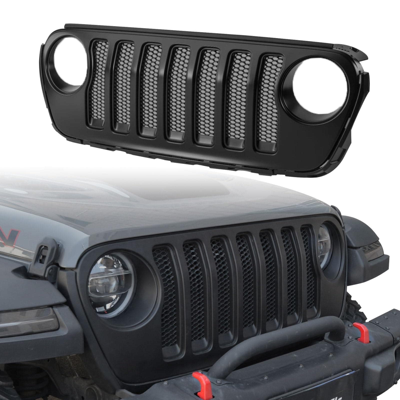 Front Grille Grid Grill W/Mesh Compatible with Wrangler JL & Gladiator JT 2018-2023 Accessories, OEM Style Matte Black (Paint-able)