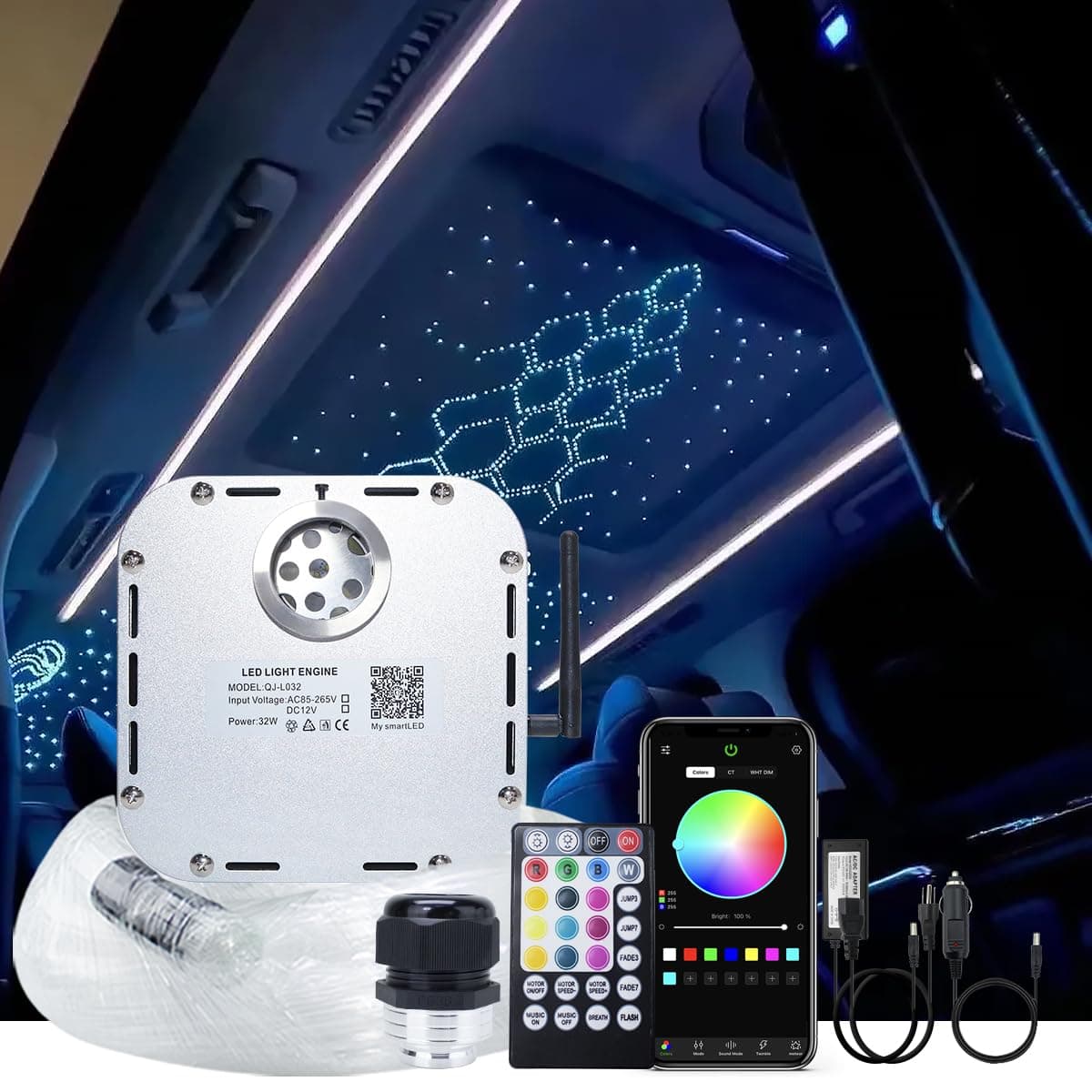 AKEPO 32W RGBW Twinkle APP Fiber Optic Lights Kit Music Activated Star Ceiling Sky Light, with 800pcs of 16.4ft/5m Mixed Dia. (0.75+1+1.5mm) Optical Fiber Cable and Crystals for Car & Media Room Decor