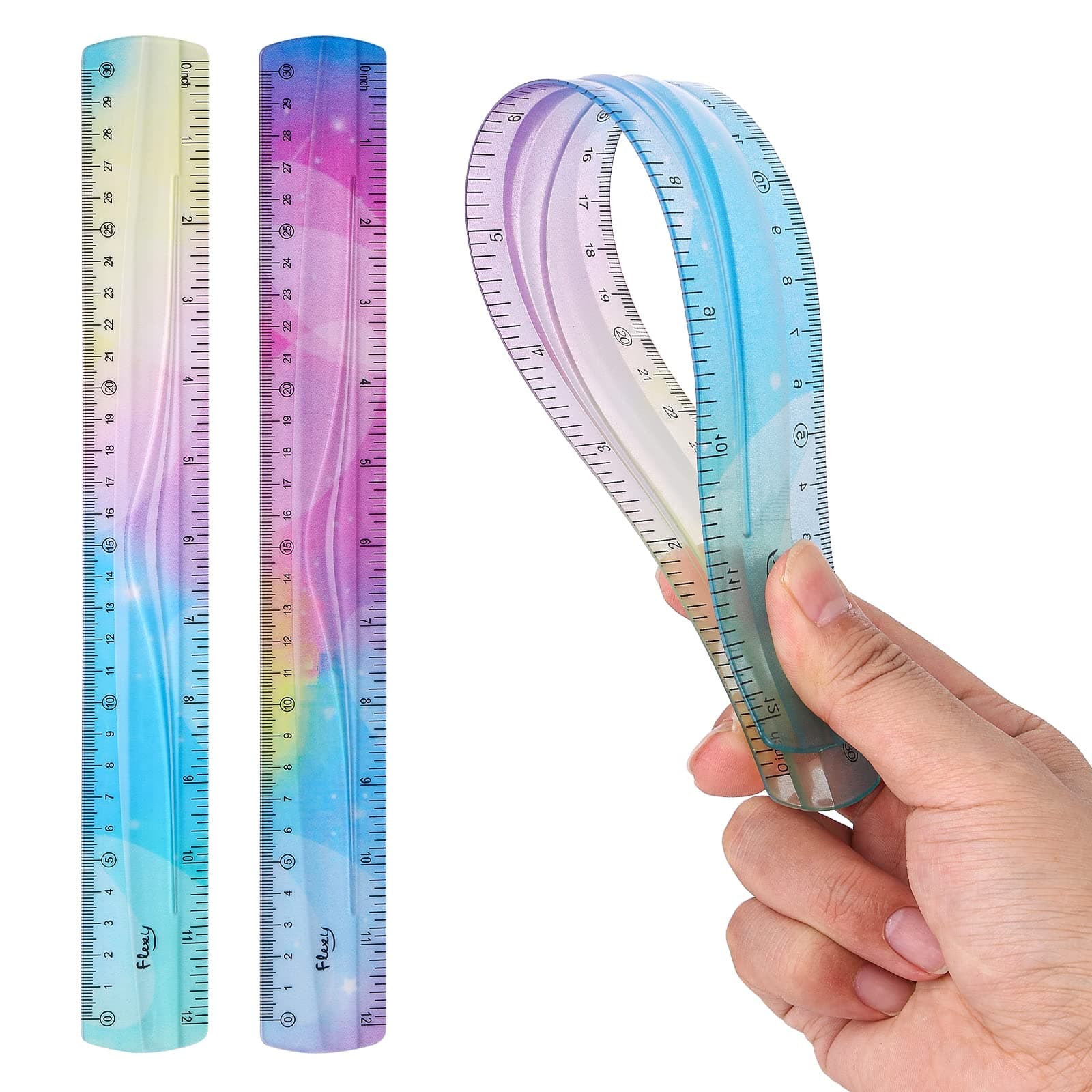 Grevosea 2-Piece Flexible Ruler, 30cm/12inch Plastic, Soft Bendable, Dual Scales, Shatterproof, Ideal for School, Office, Gift