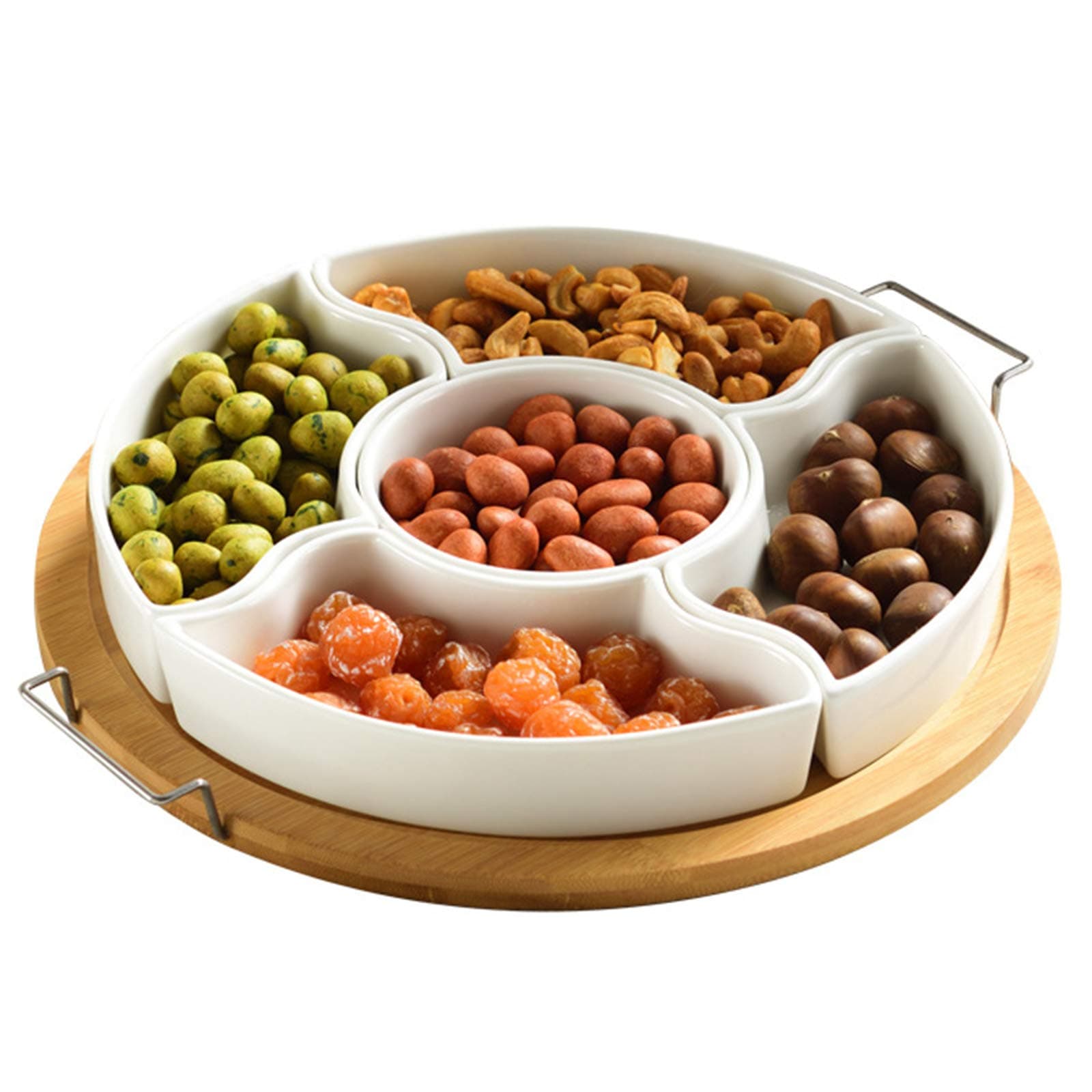 yarlung 11 Inch Ceramic Divided Serving Dishes with Bamboo Platter, Appetizer Tray 5 Removable Snacks Bowls for Candy and Nut, Chips and Dips, No Lid Included