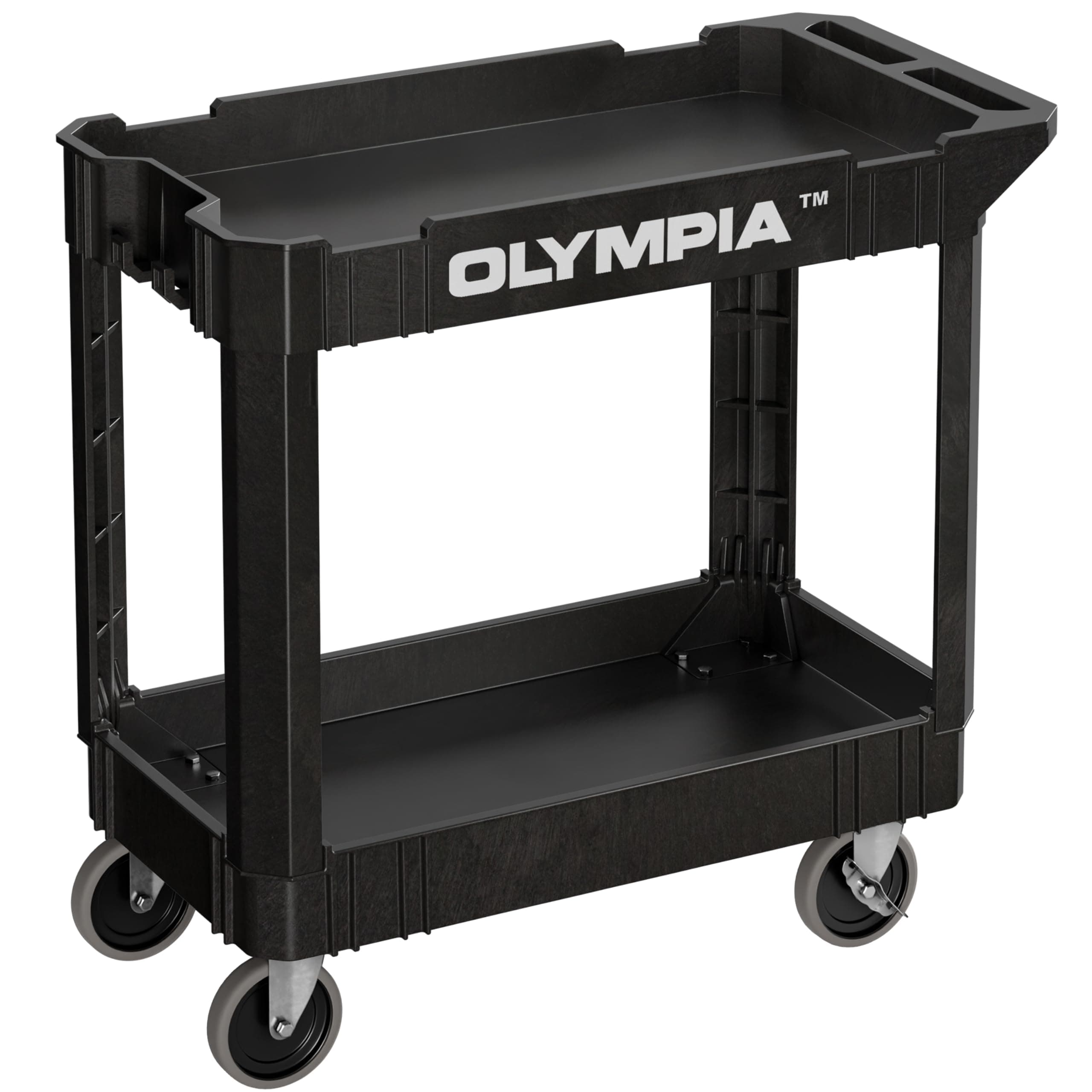 Olympia Tools 2 Tier Rolling Carts with Wheels – 500lbs Heavy Duty Utility Cart, Locking Swivel Wheels – Work Cart for Garage, Service & Industrial Use, Built-in Ruler