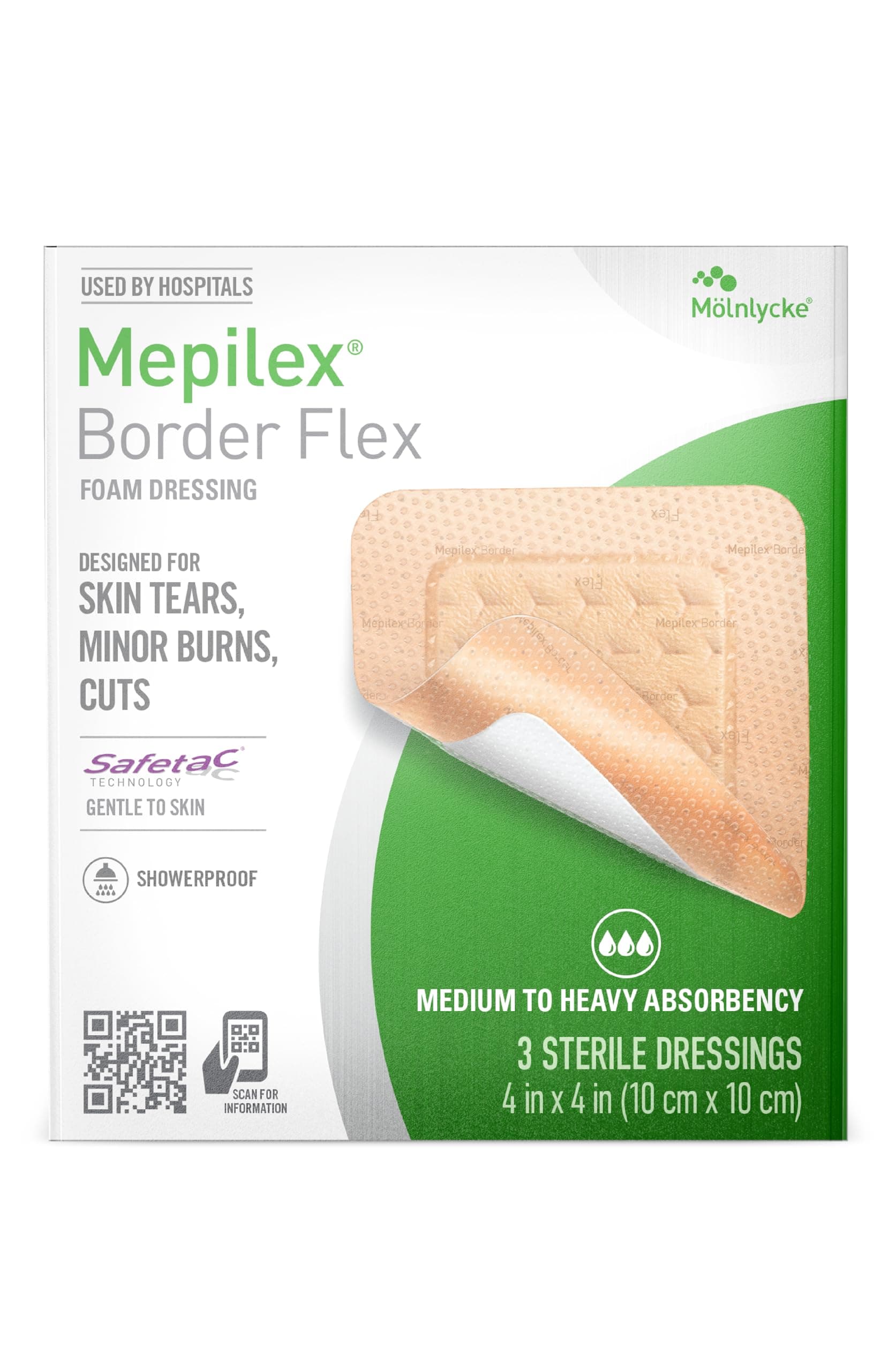 Border Flex 4 x 4 in (10 x 10 cm) Hospital Grade Dressings for Skin Tears, Minor Burns and Cuts Waterproof Adhesion for Up to 7-Day Use