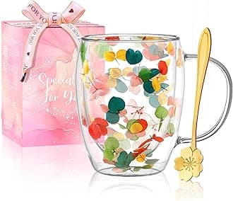 Gifts for Women Dried Flowers Double Wall Glass Coffee Mugs Cute Glass Tea Cups with Handles Christmas Birthday Gift for Best Friend Teacher Mum Gifts New Home Gift Ideas Autumn Mug Home Decor