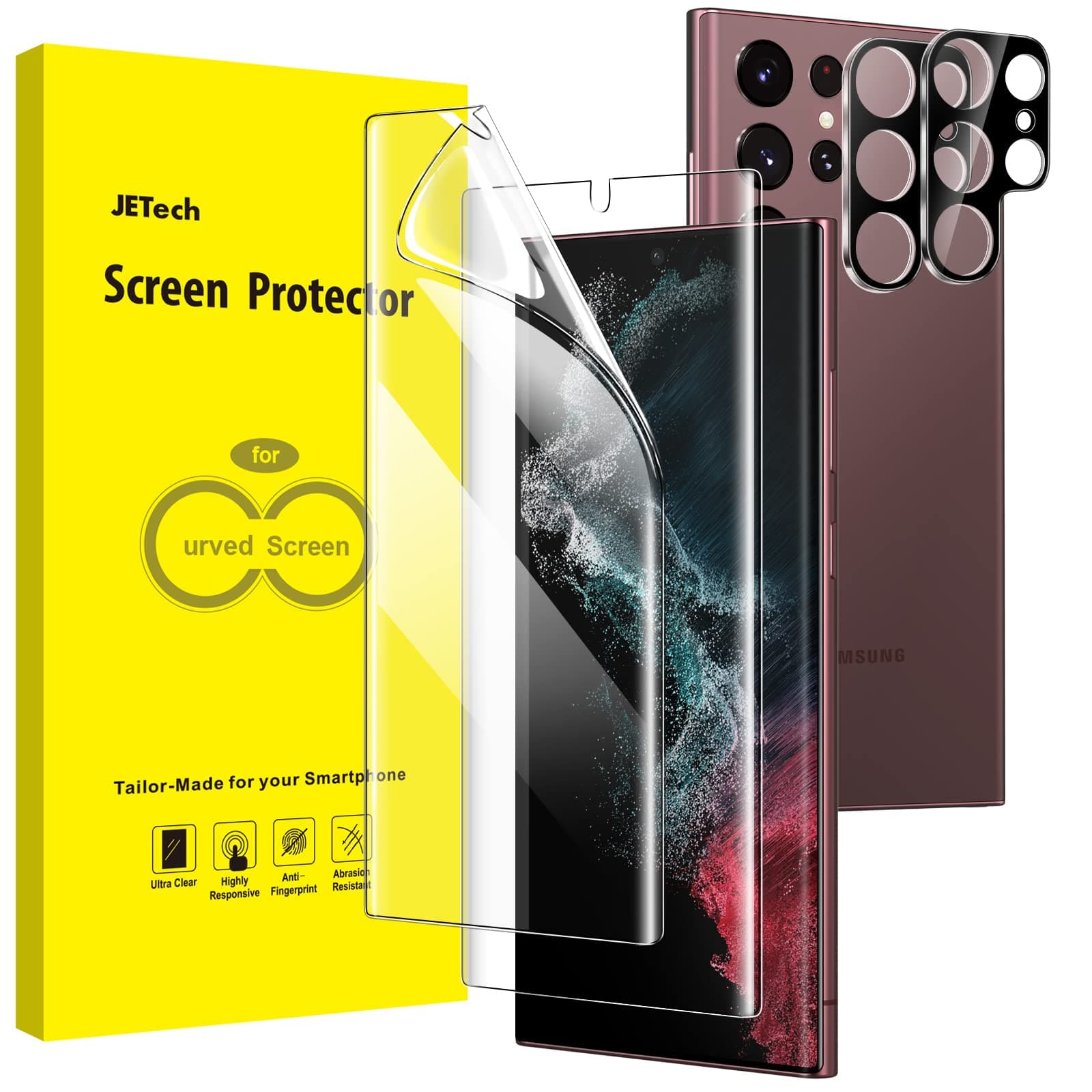 Screen Protector for Samsung Galaxy S22 Ultra 5G 6.8-Inch with Camera Lens Protector, Flexible TPU Film, Fingerprint ID Compatible, HD Clear, Easy Installation, 2-Pack Each
