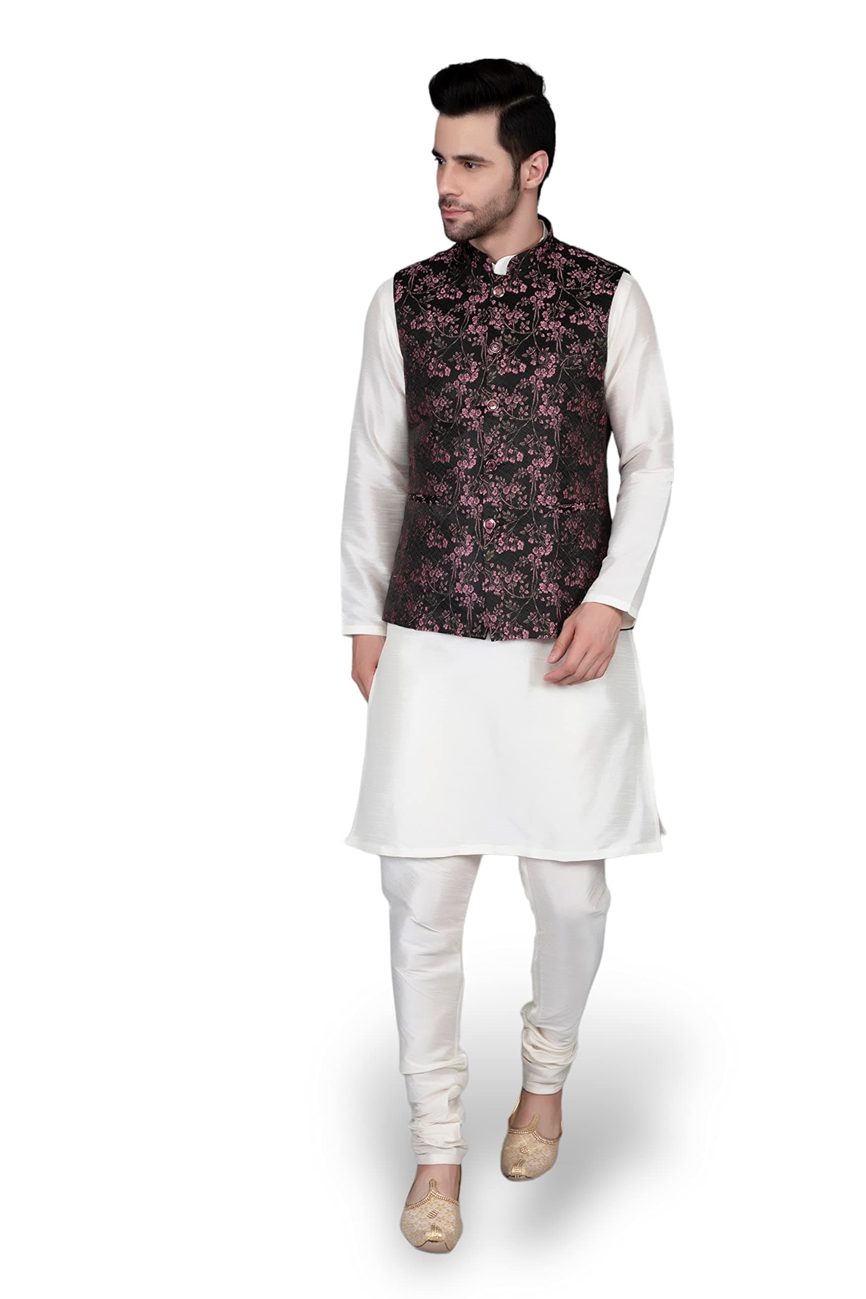Ethluxis® Men's Silk Blend Kurta Churidar Pyjama with Ethnic Bundi Jacket Set
