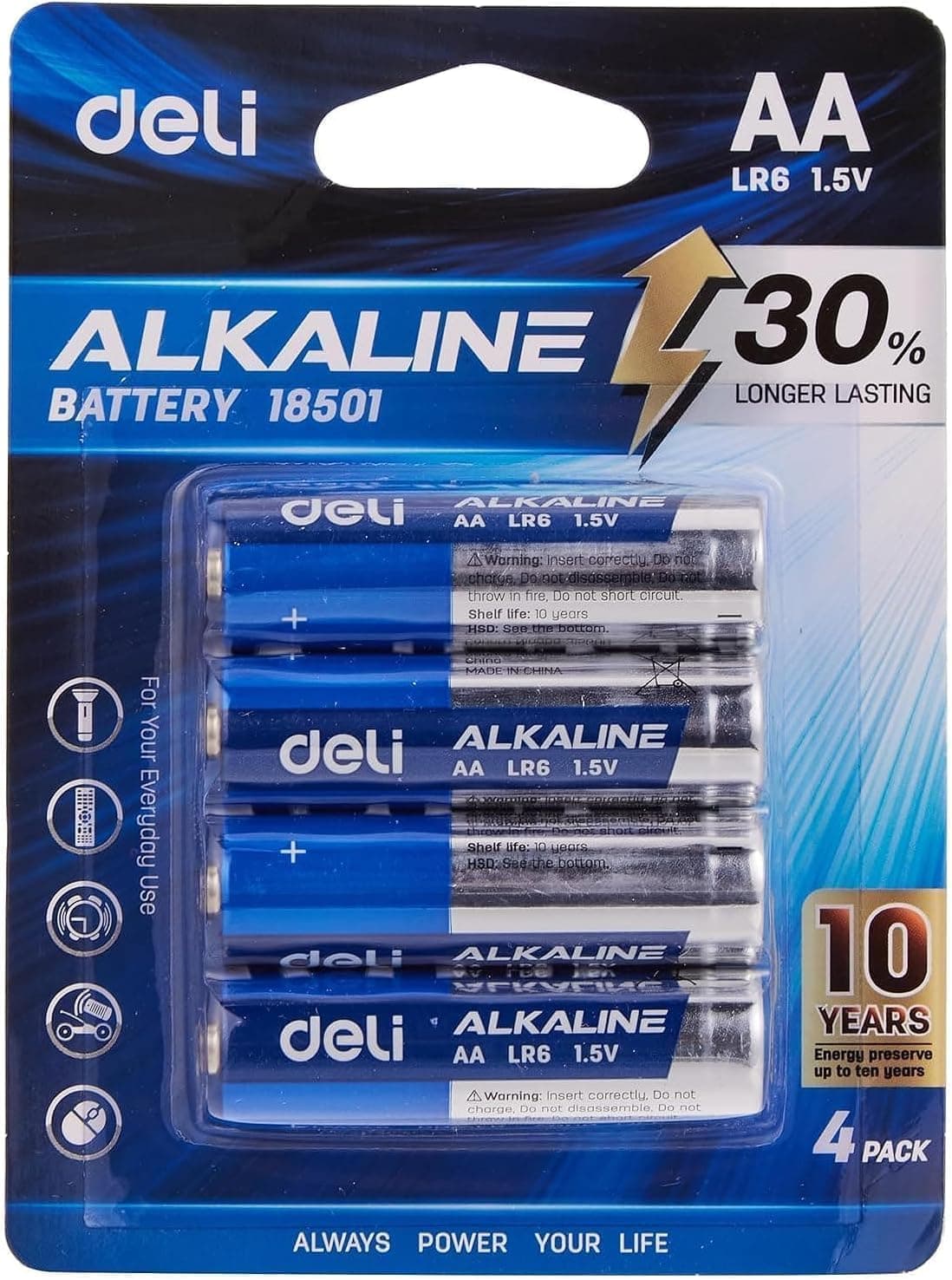 deli LR6 18501 AA Alkaline Battery 4 Pack, Multicolour