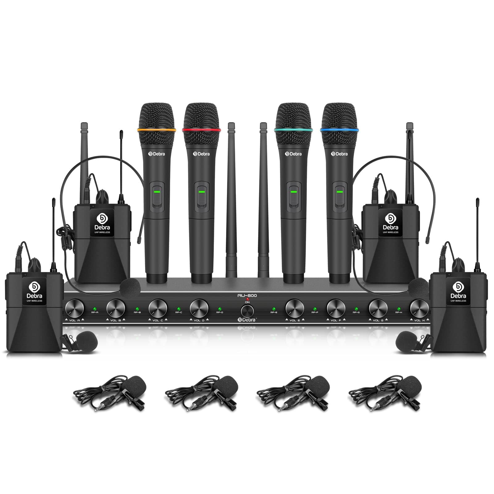 D Debra Audio AU800 Pro UHF 8 Channel Wireless Microphone System with Cordless Handheld Lavalier Headset Mics, Metal Receiver, Ideal for Karaoke Church Party