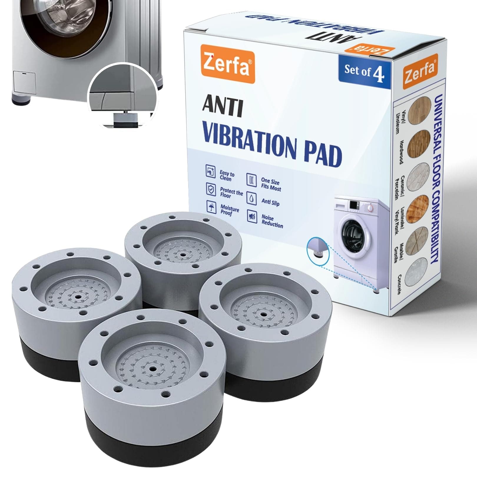 Zerfa® 4 Pieces Multi-Purpose Anti Vibration Pads for Washing Machine Pan, Noise Dampening Washing Machine Feet with Tank Tread Grip for Washer & Dryer Protects Laundry Room Floor for Home Appliances